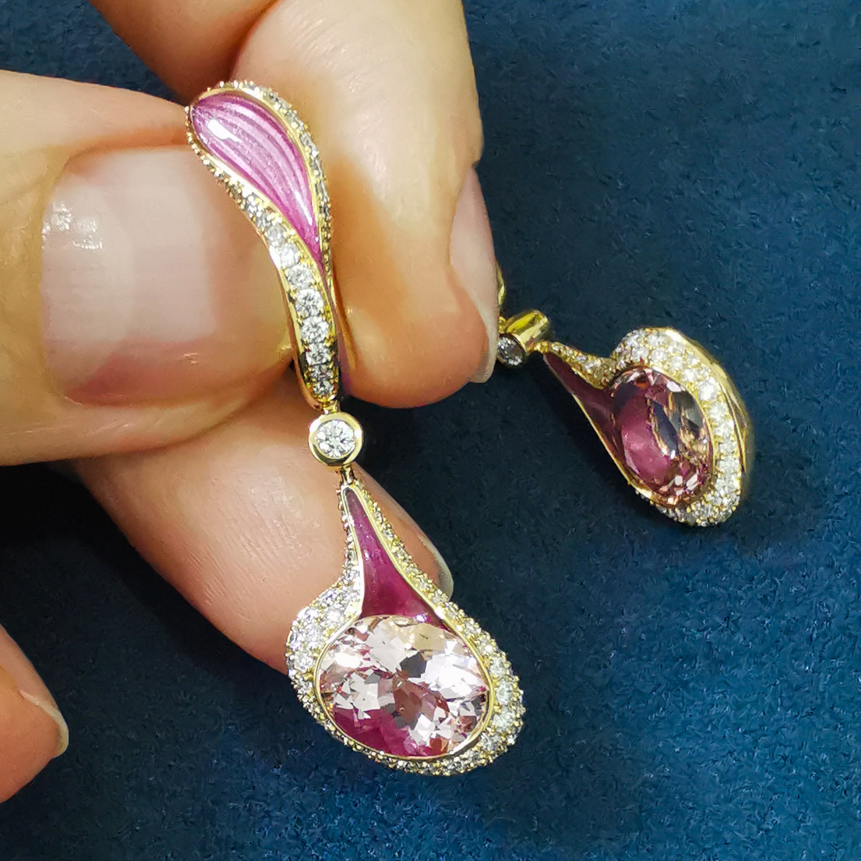 Enamel, Morganite, Diamonds 18K Yellow Gold Earrings, E 0123-02