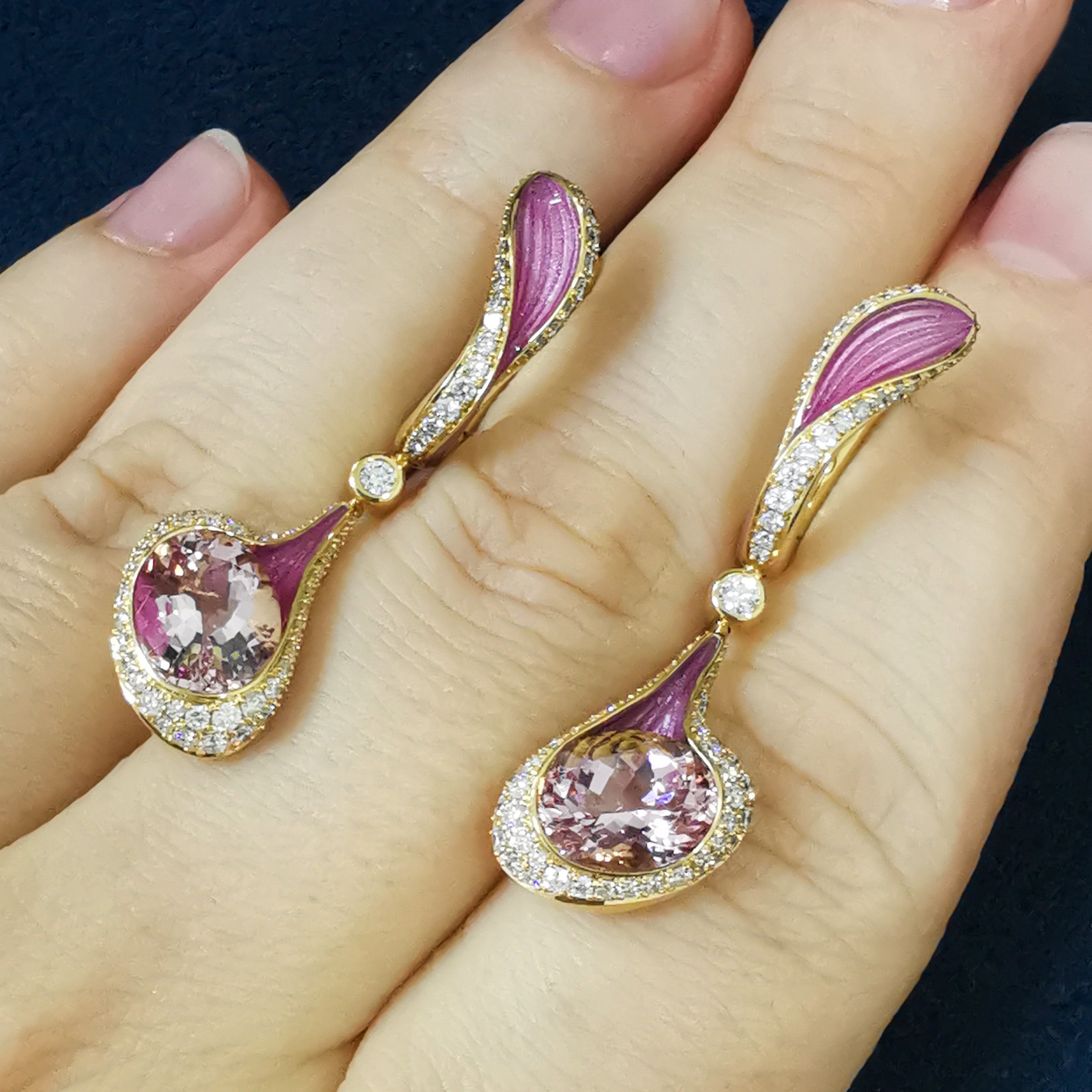 Enamel, Morganite, Diamonds 18K Yellow Gold Earrings, E 0123-02