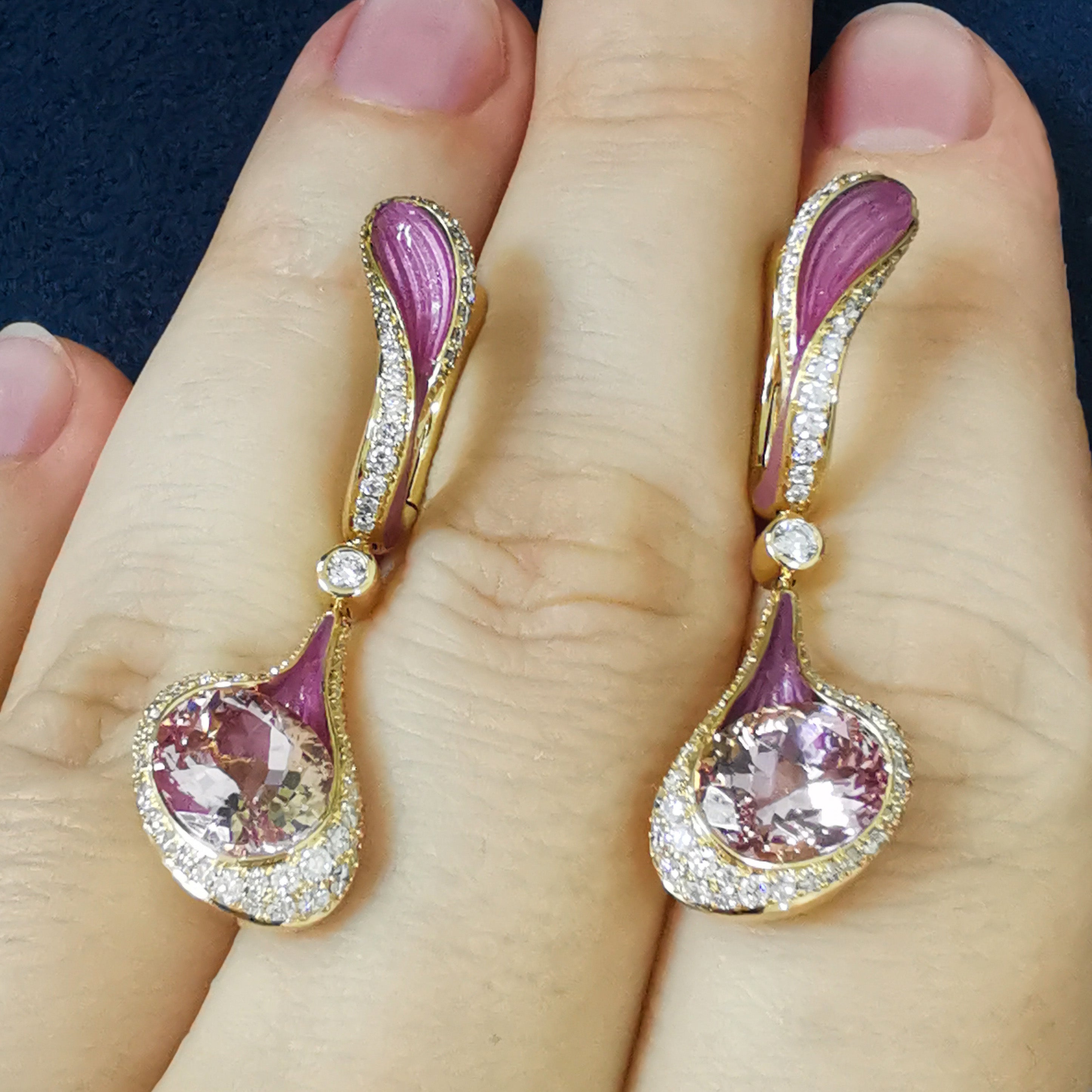 Enamel, Morganite, Diamonds 18K Yellow Gold Earrings, E 0123-02