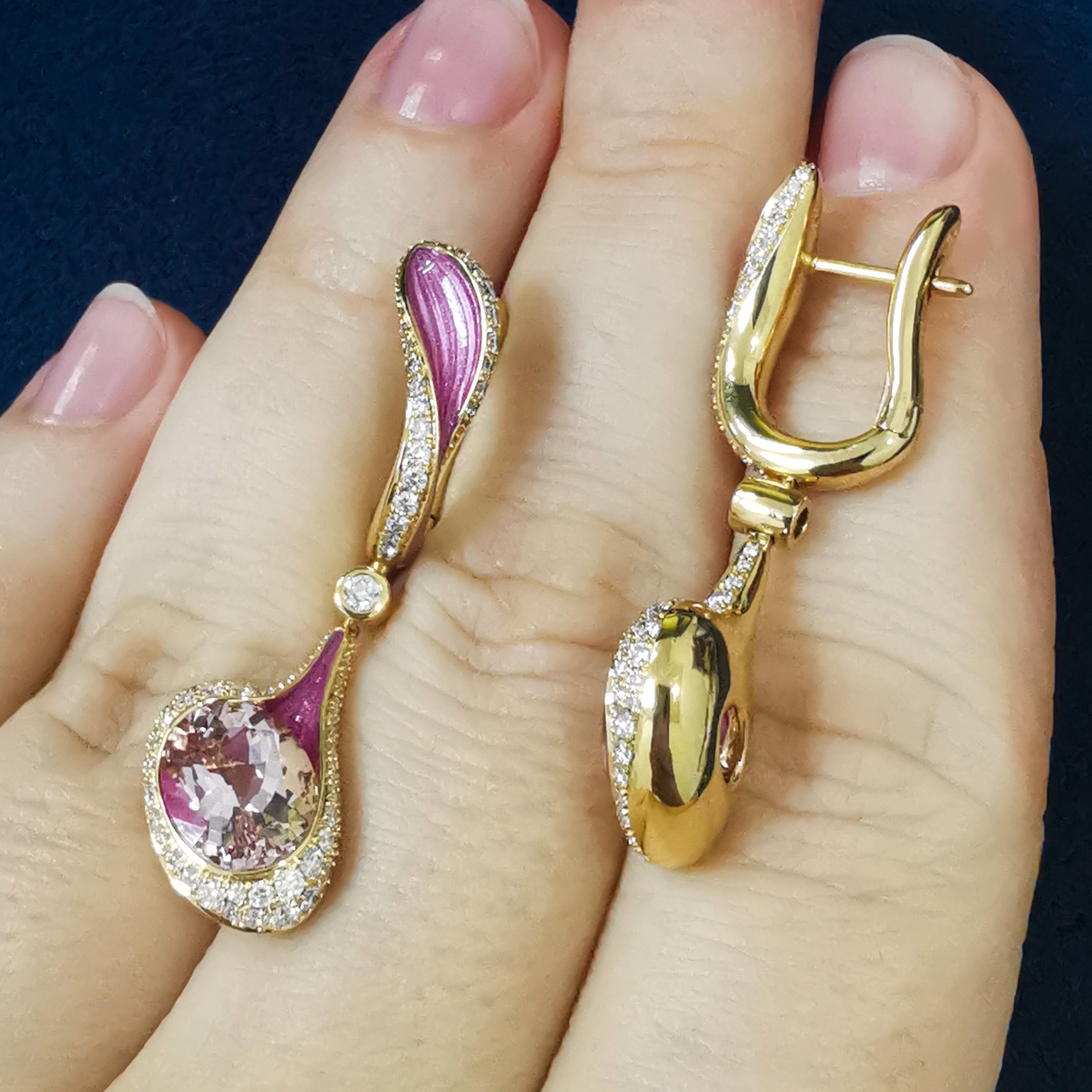 Enamel, Morganite, Diamonds 18K Yellow Gold Earrings, E 0123-02