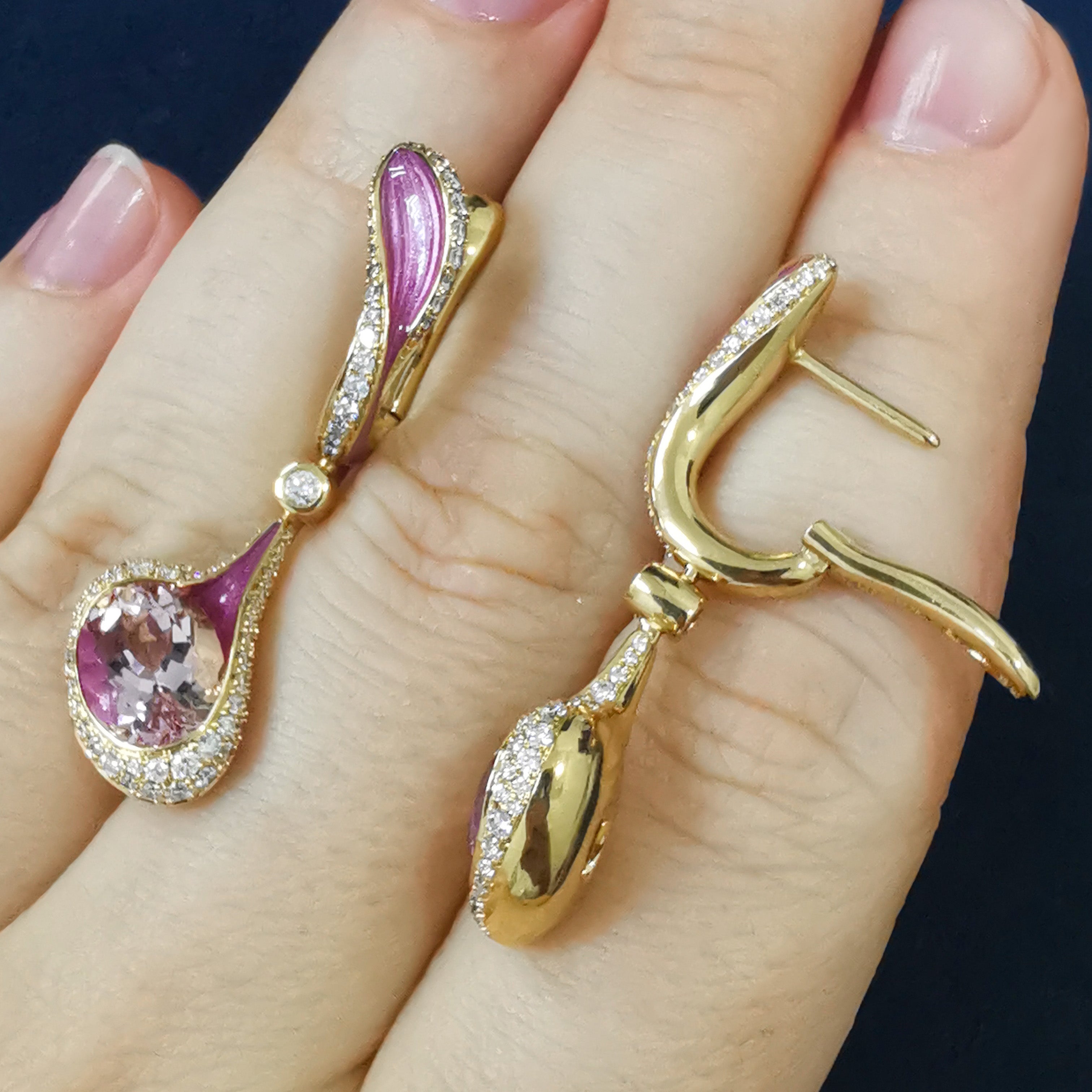 Enamel, Morganite, Diamonds 18K Yellow Gold Earrings, E 0123-02