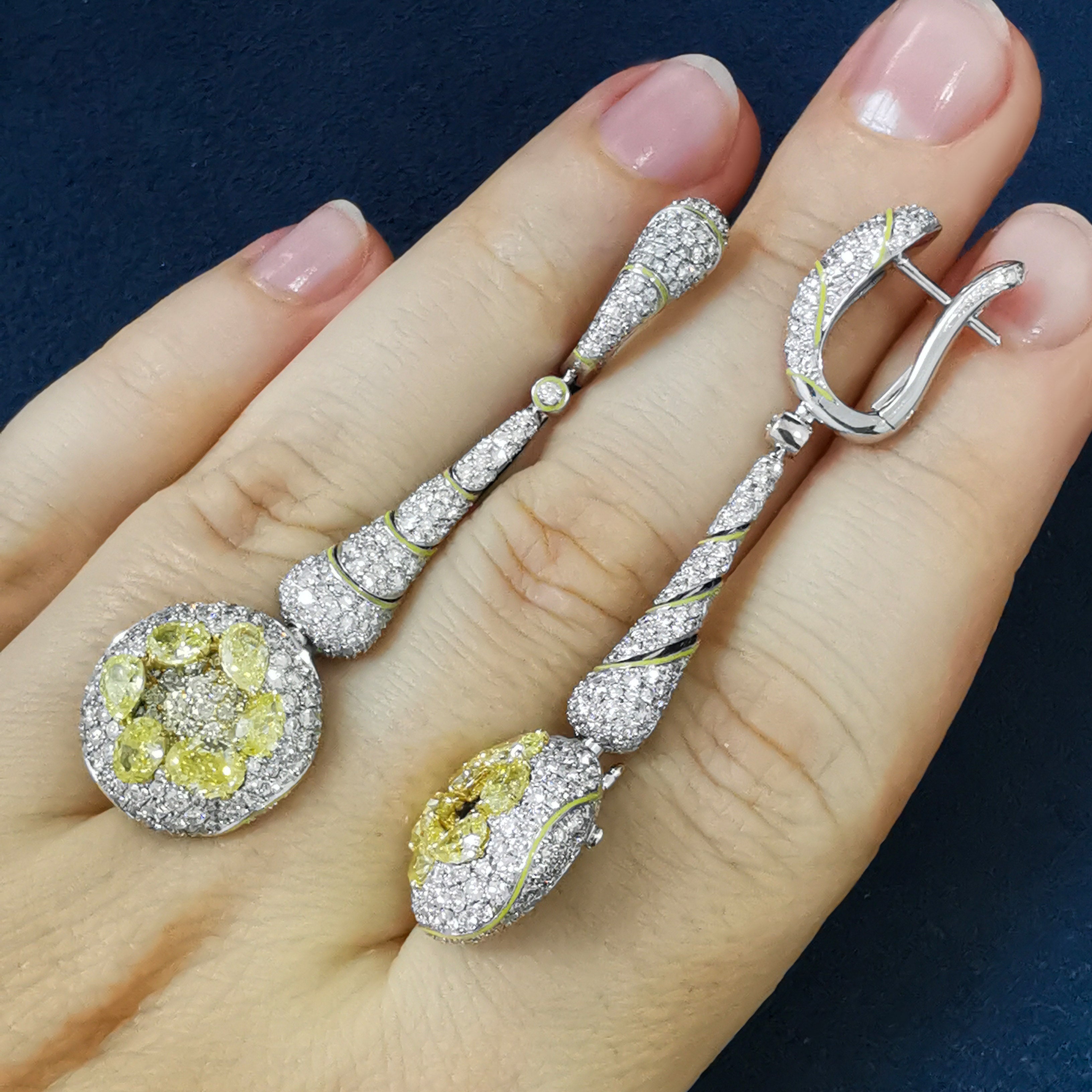 Fancy Yellow Diamonds, Diamonds 18K White and Yellow Gold, Enamel Earrings, E 0262-0