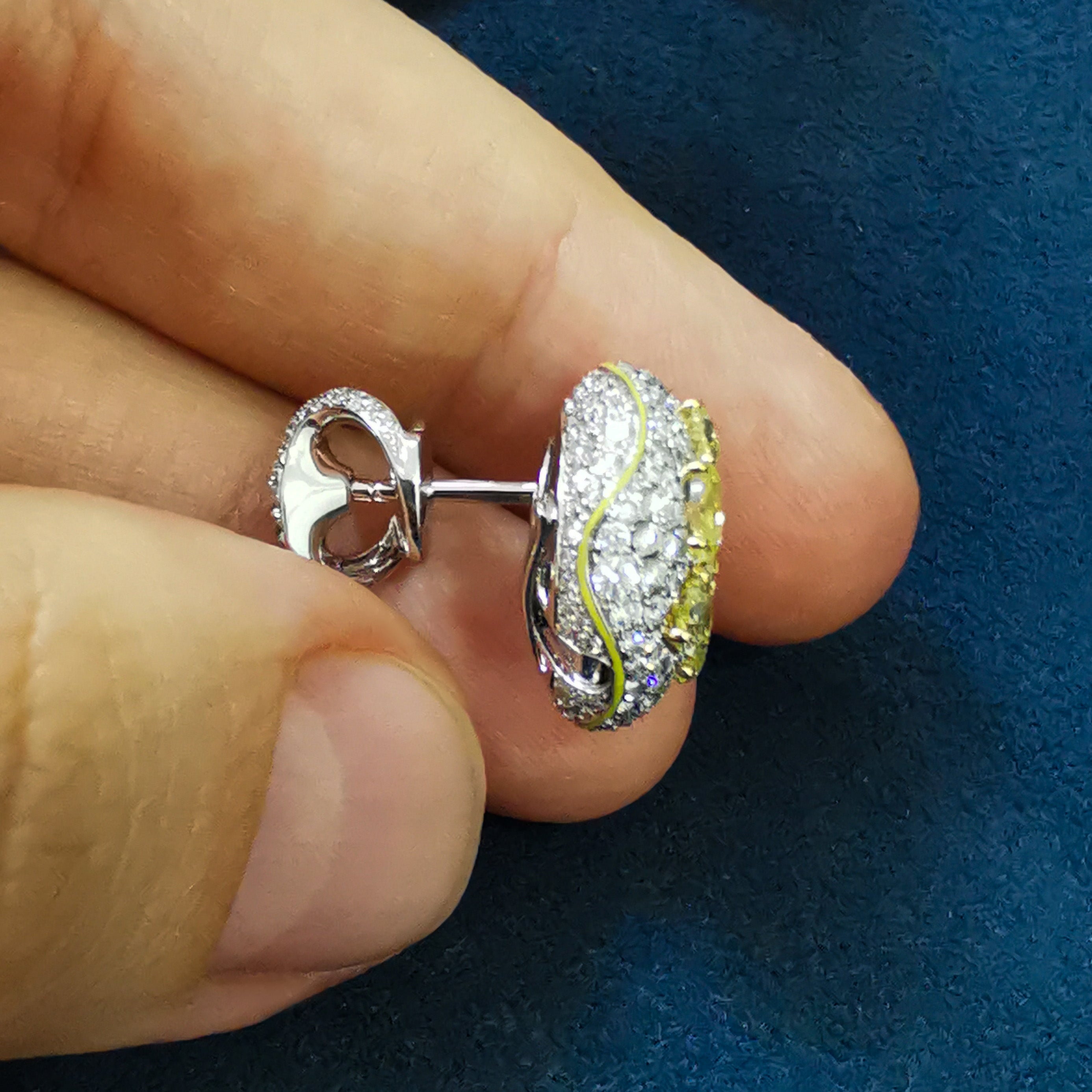Fancy Yellow Diamonds, Diamonds 18K White and Yellow Gold, Enamel Earrings, E 0262-0