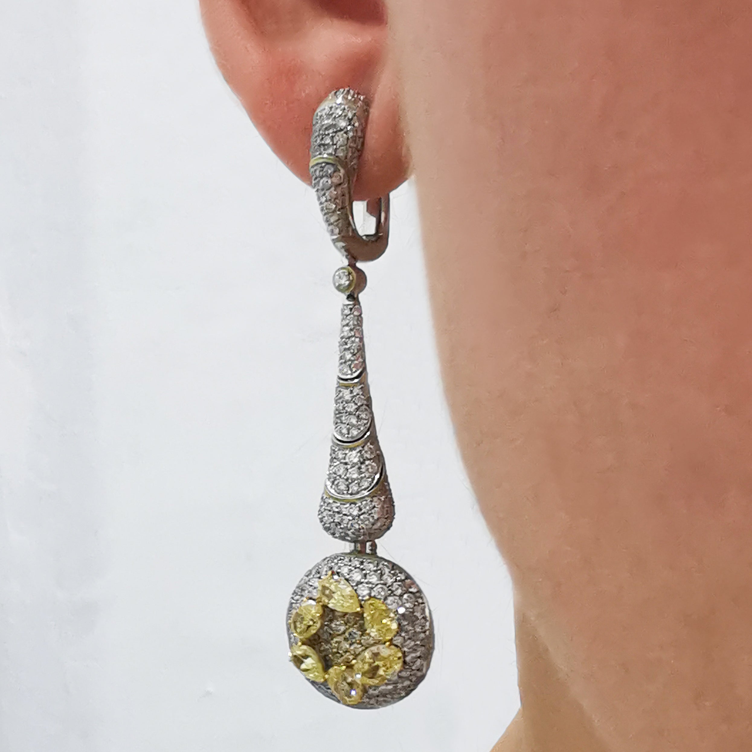 Fancy Yellow Diamonds, Diamonds 18K White and Yellow Gold, Enamel Earrings, E 0262-0