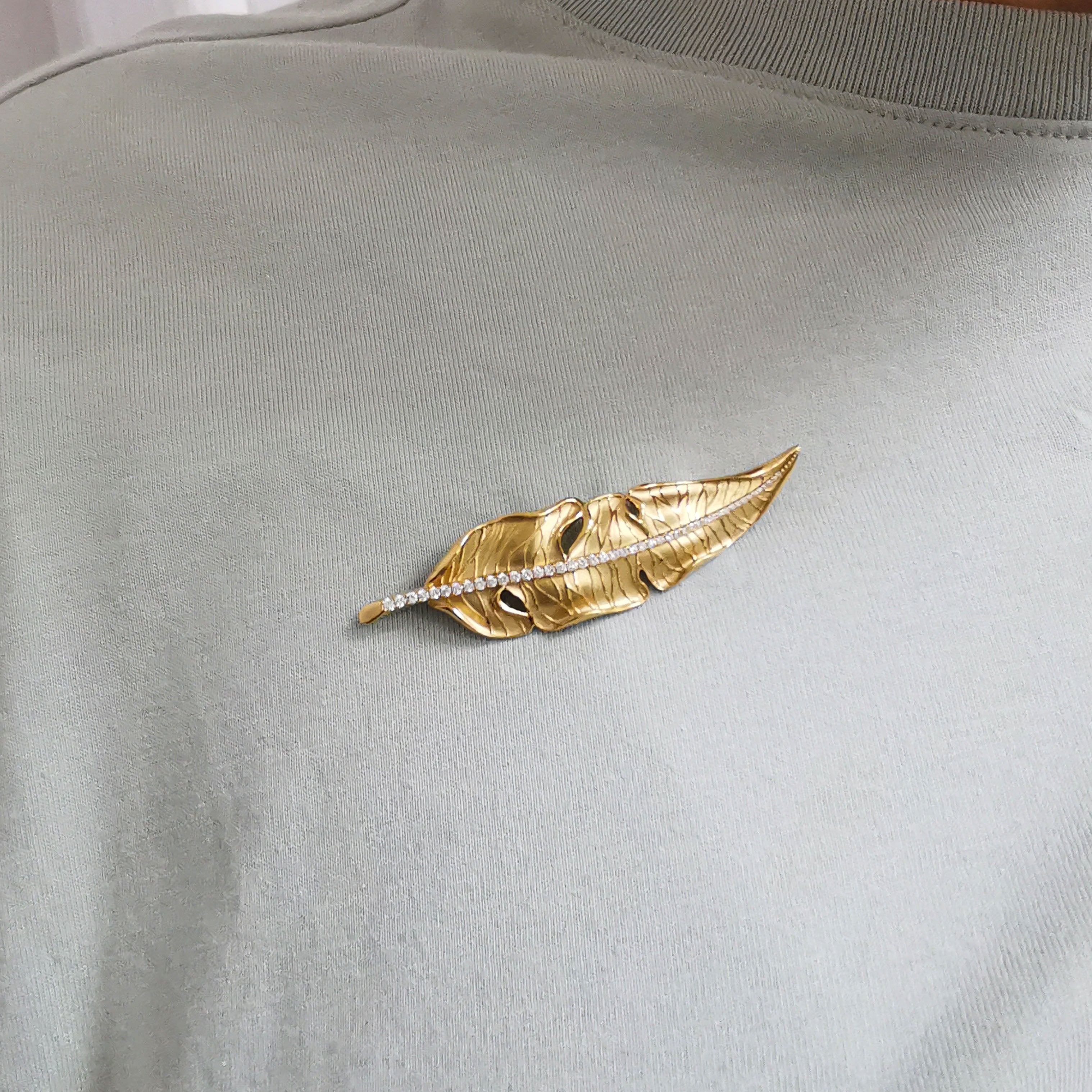 Diamonds, 18K Yellow Gold Leaf Brooch, Brs 0164-1