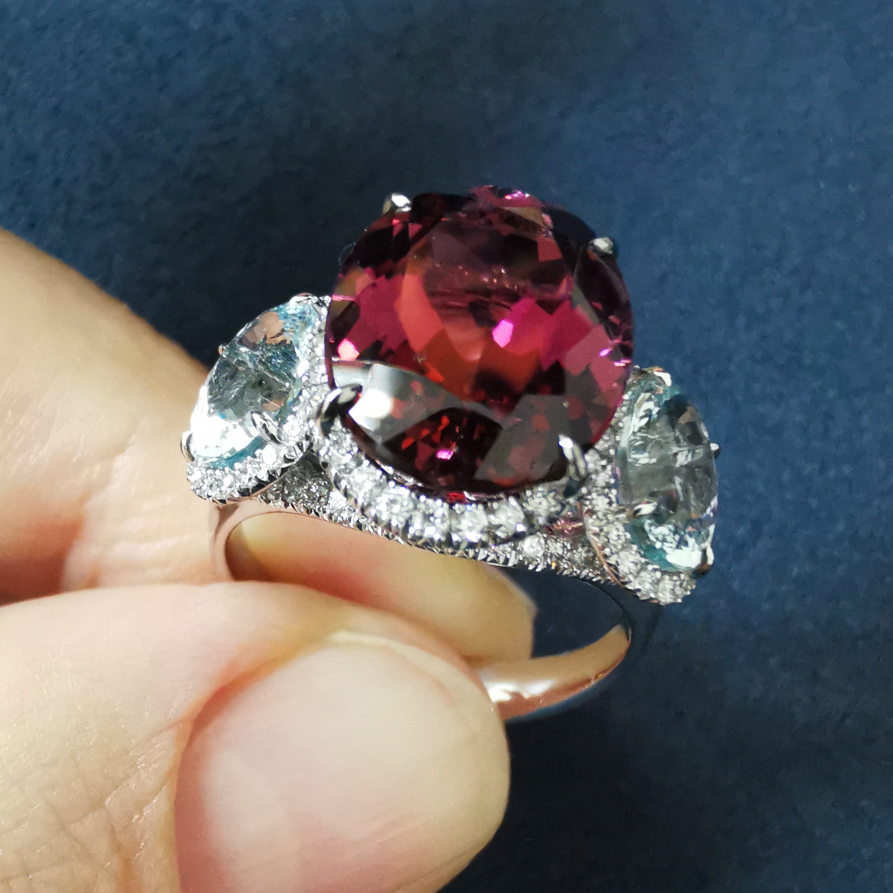 Rubellite, Aquamarine, Diamonds 18K White Gold, Ring R 0022-23