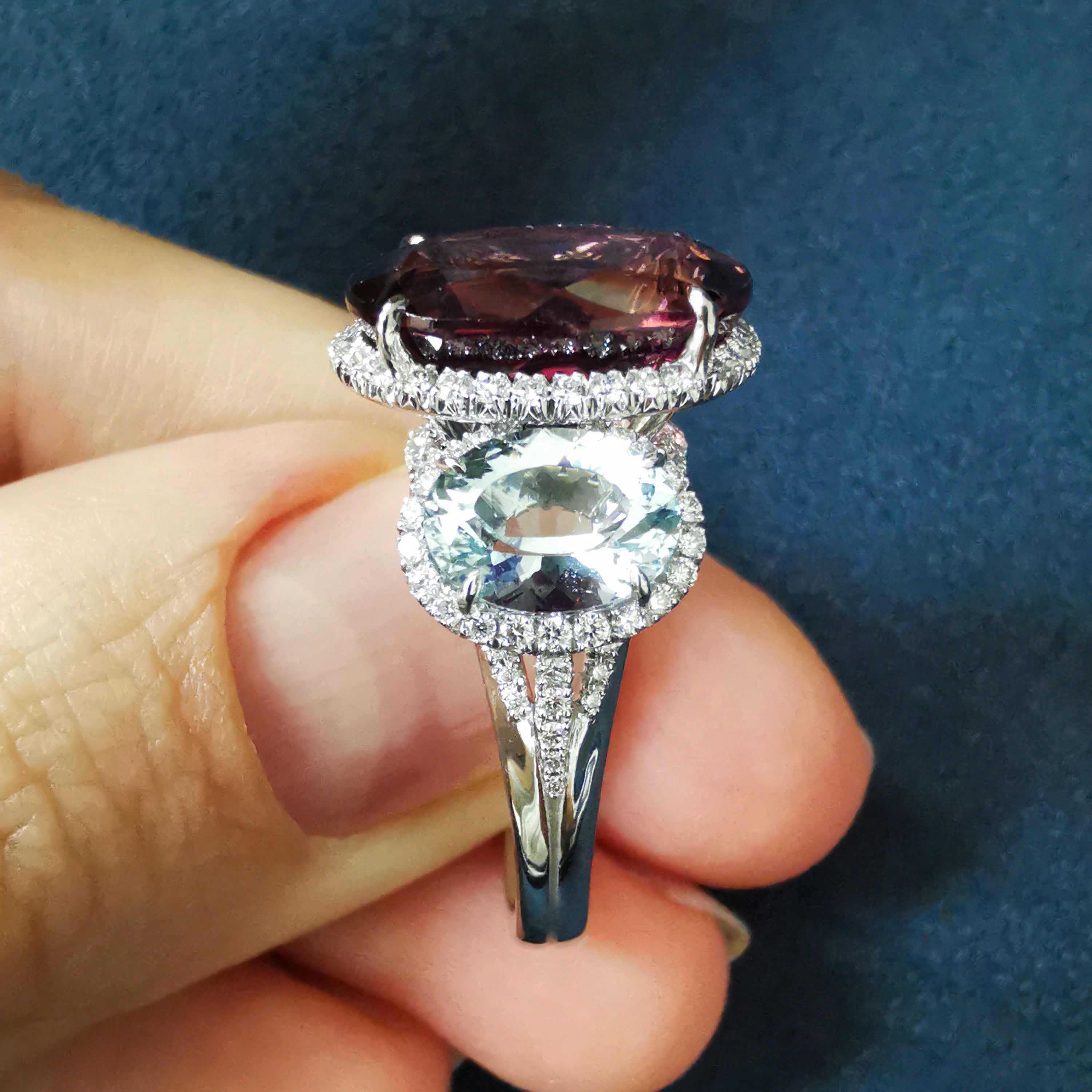 Rubellite, Aquamarine, Diamonds 18K White Gold, Ring R 0022-23