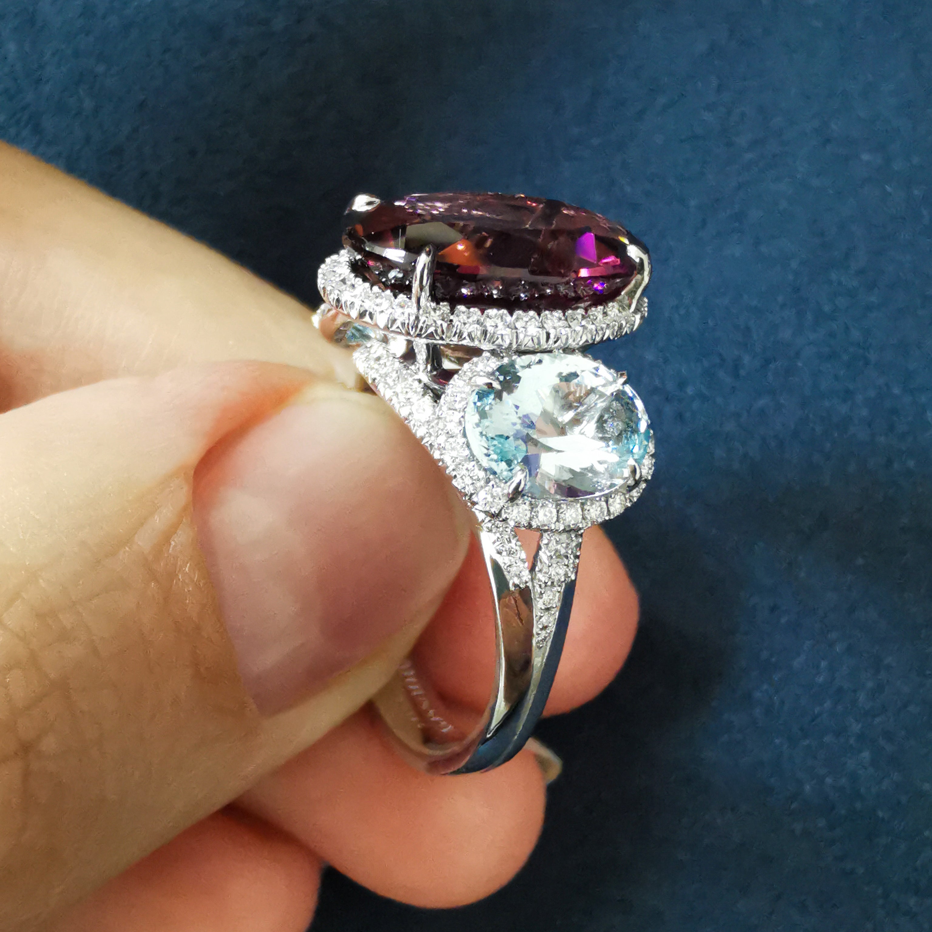 Rubellite, Aquamarine, Diamonds 18K White Gold, Ring R 0022-23