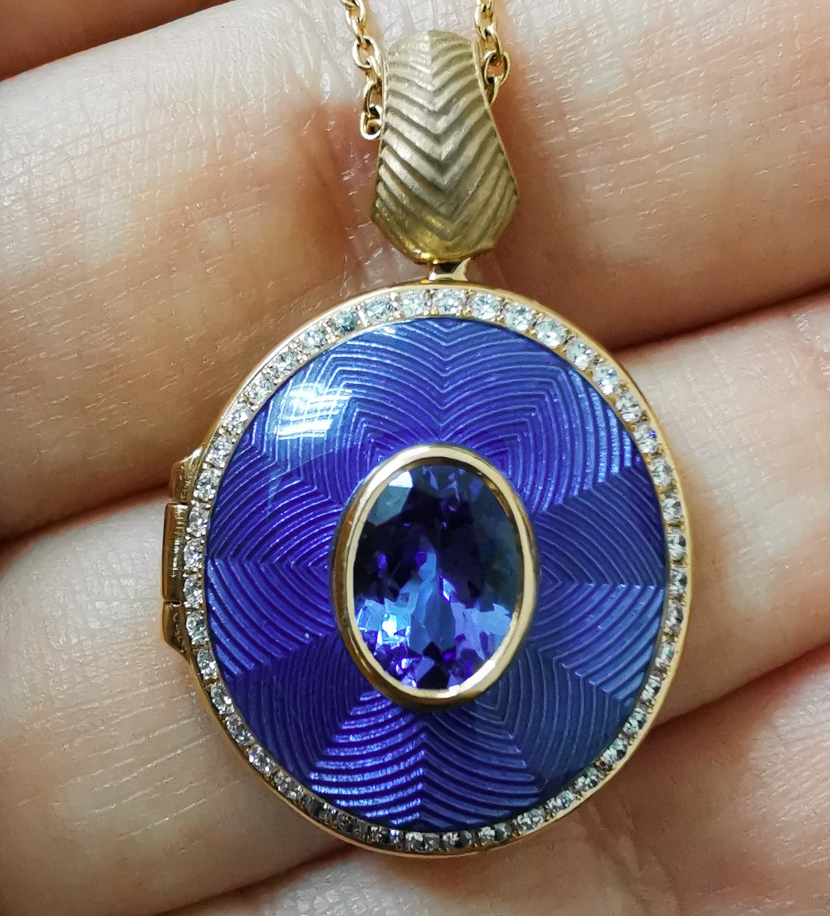 Enamel, Tanzanite, Diamonds 18K Yellow Gold Locket Pendant, P 0084-2