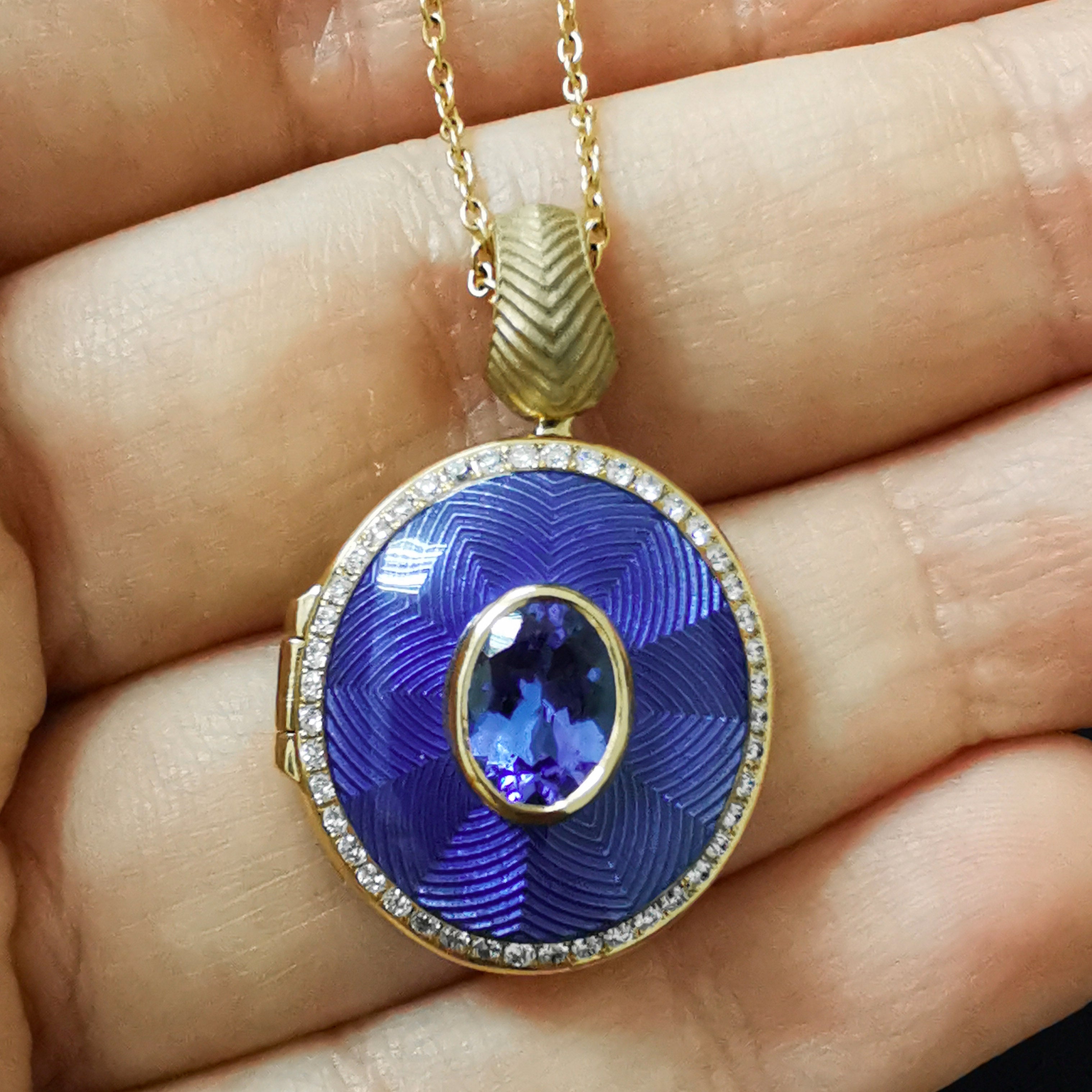 Enamel, Tanzanite, Diamonds 18K Yellow Gold Locket Pendant, P 0084-2