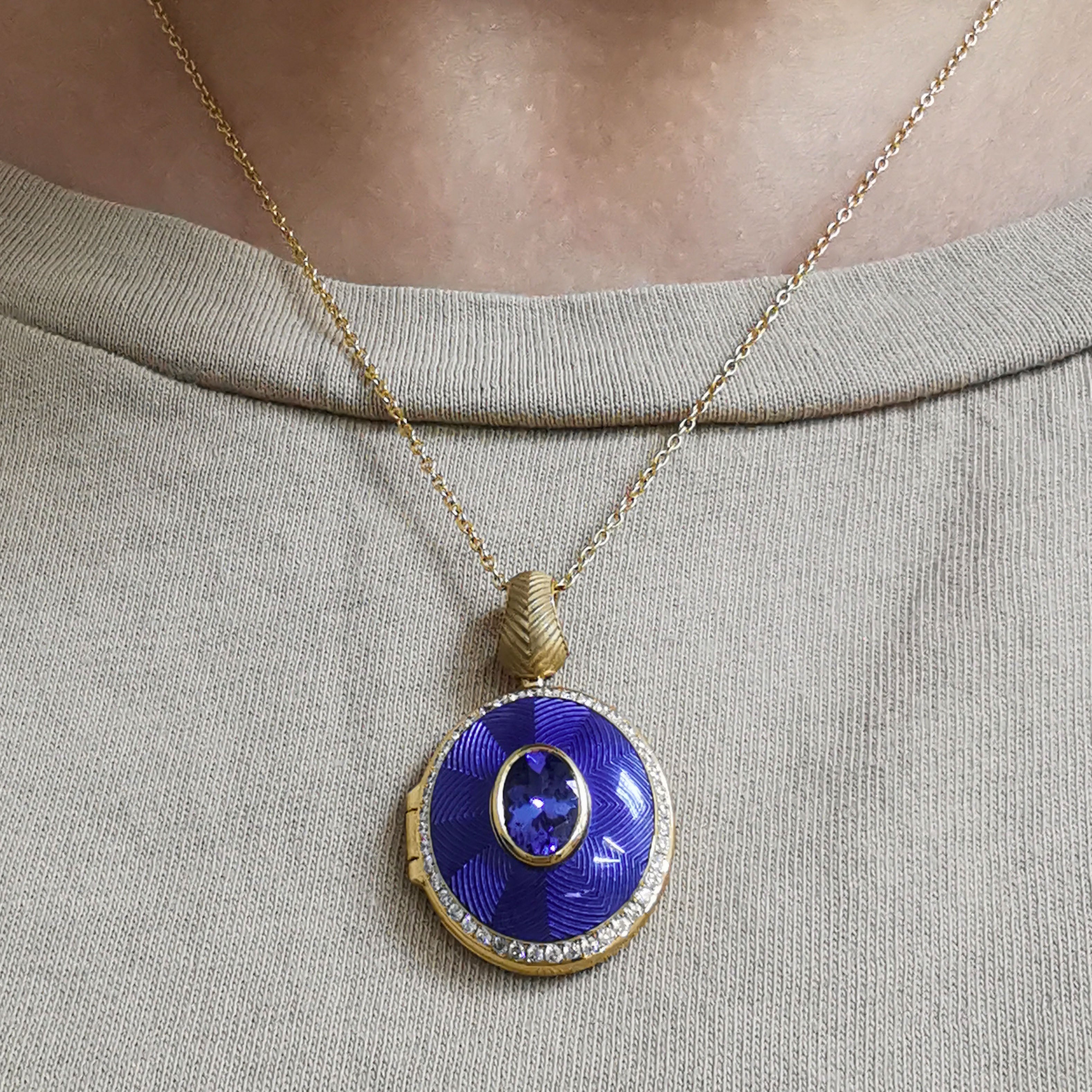 Enamel, Tanzanite, Diamonds 18K Yellow Gold Locket Pendant, P 0084-2