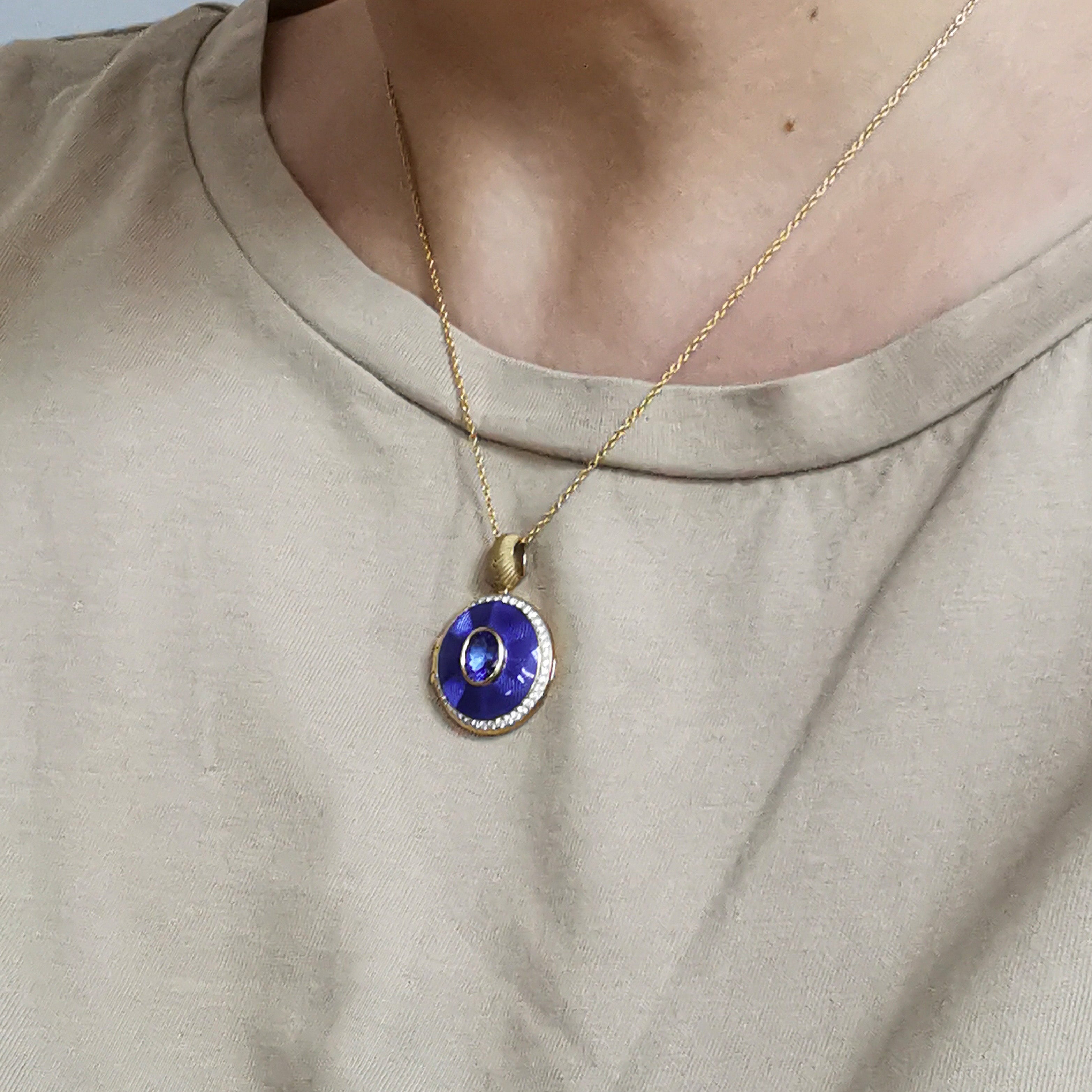 Enamel, Tanzanite, Diamonds 18K Yellow Gold Locket Pendant, P 0084-2