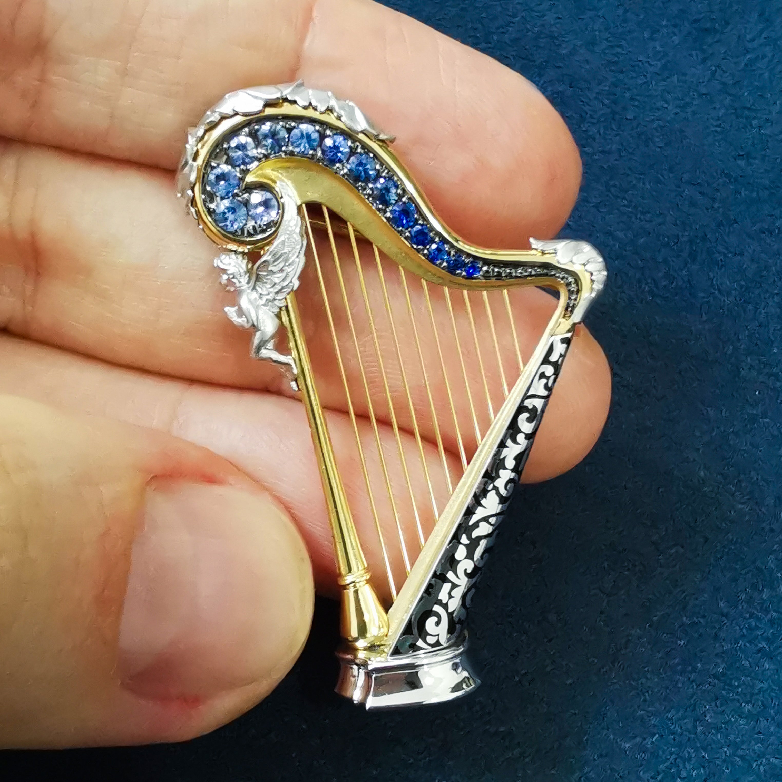 Enamel, Sapphire 18K White and Yellow Gold Harp Brooch, Brs 0267-3