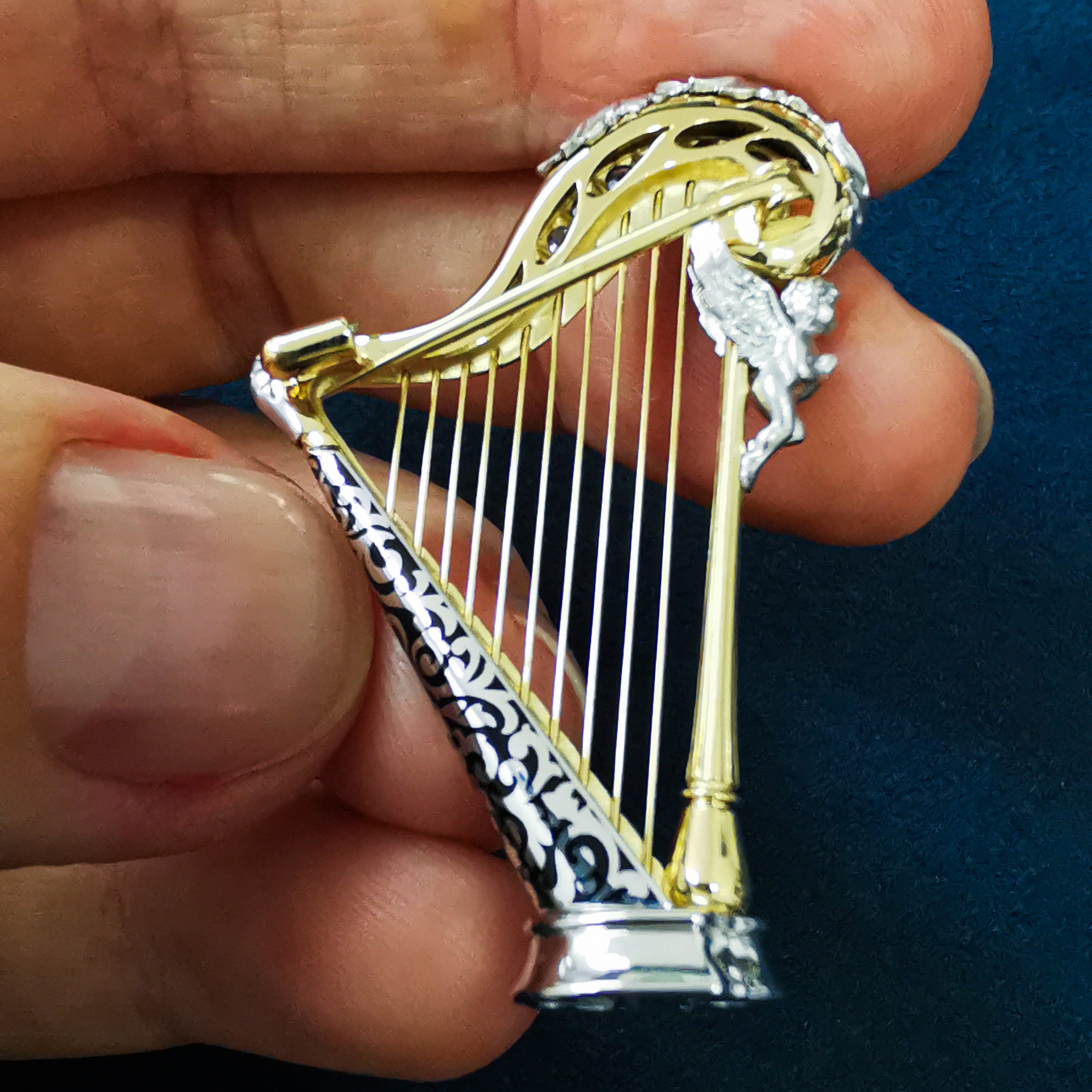 Enamel, Sapphire 18K White and Yellow Gold Harp Brooch, Brs 0267-3