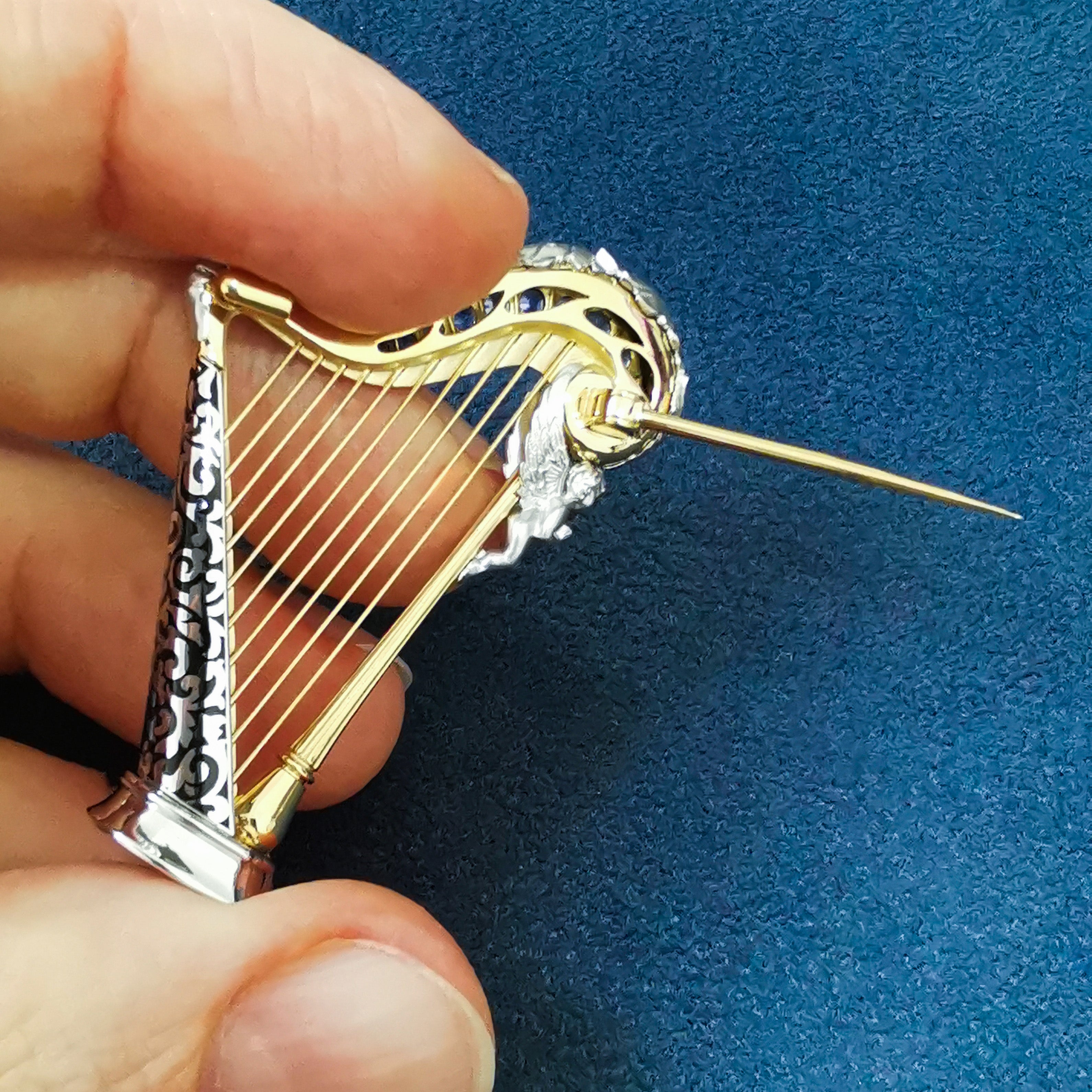 Enamel, Sapphire 18K White and Yellow Gold Harp Brooch, Brs 0267-3
