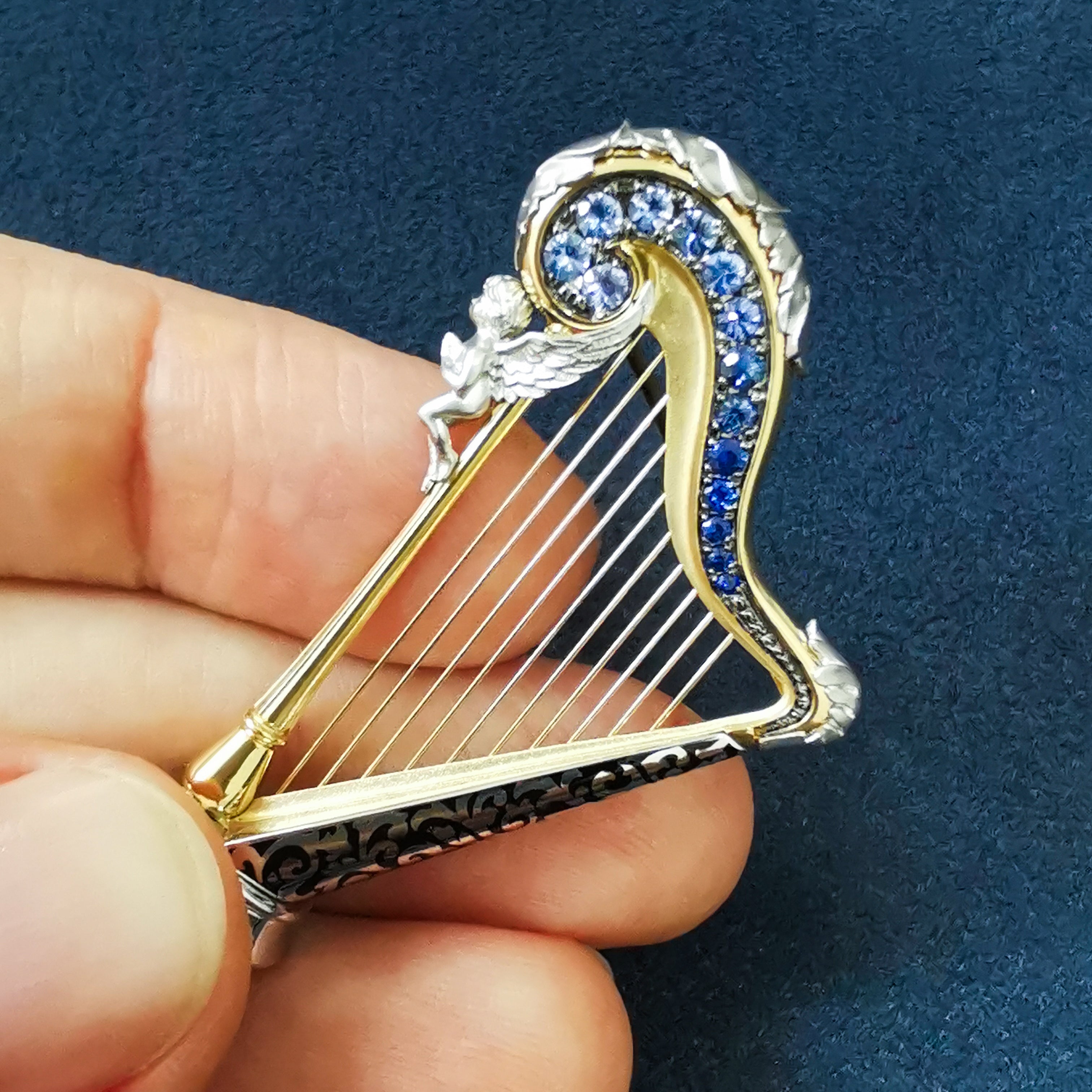 Enamel, Sapphire 18K White and Yellow Gold Harp Brooch, Brs 0267-3