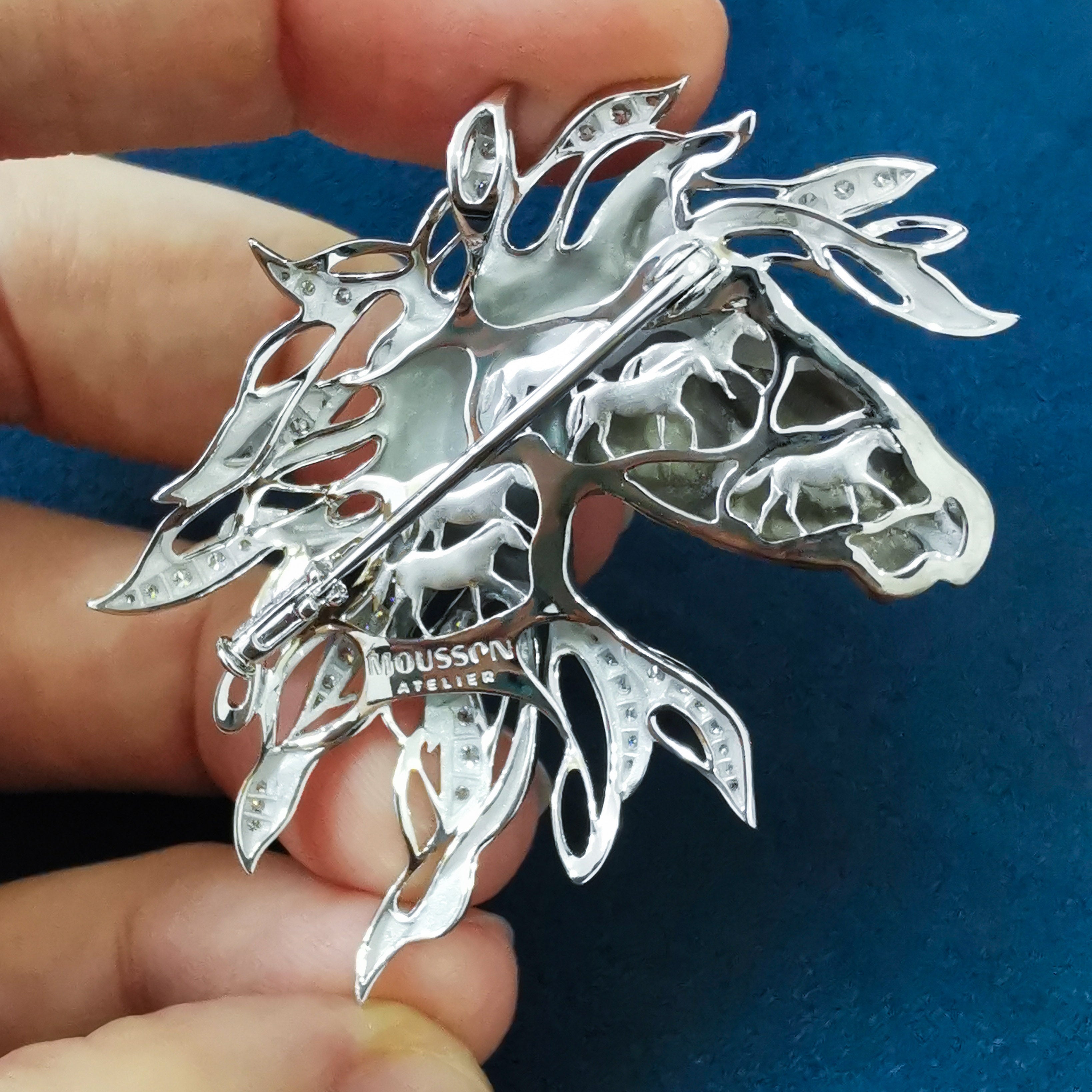Diamonds Horse Head 18K White Black Gold Brooch, Brs 0231-0
