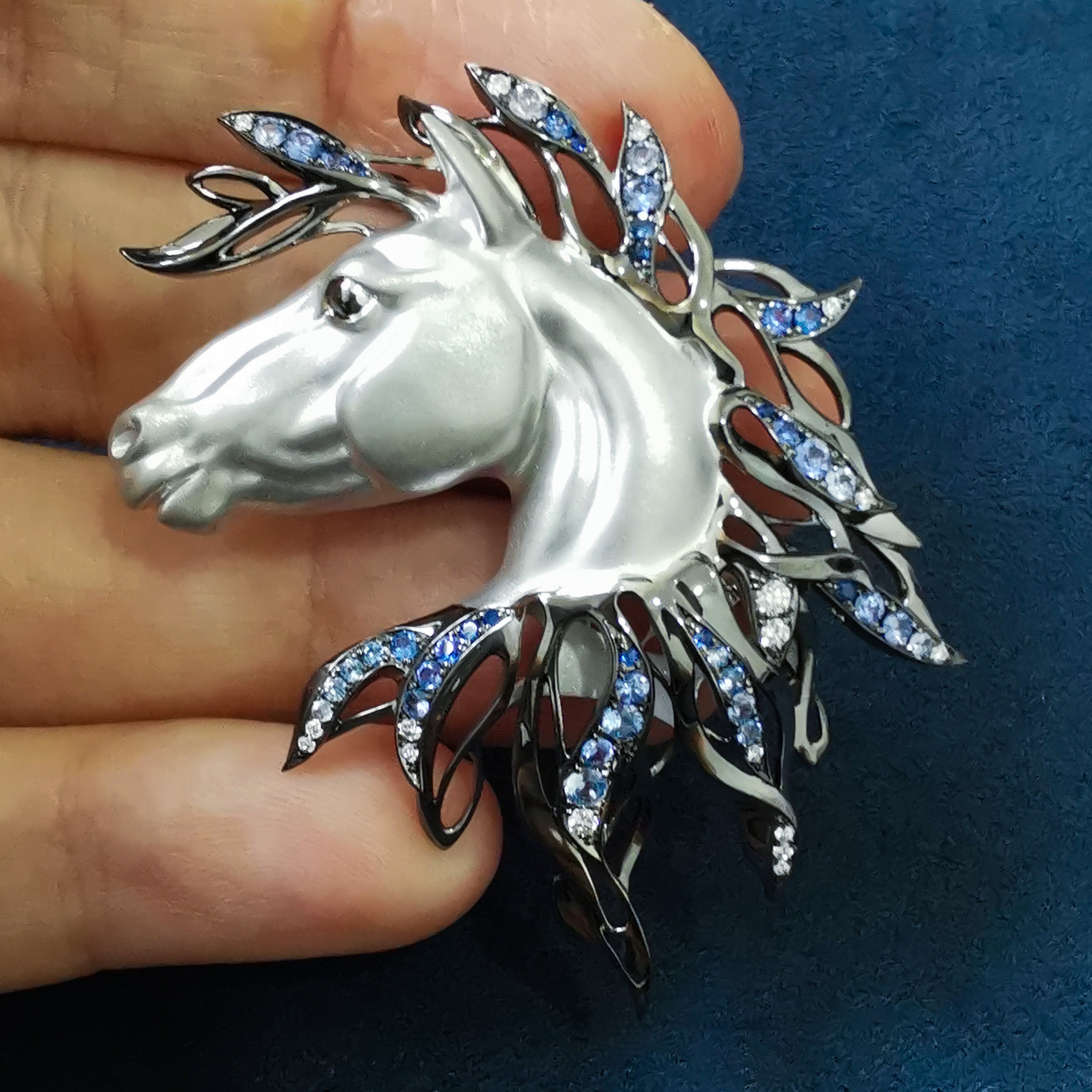 Sapphires Diamonds Horse Head 18K White Black Gold Brooch, Brs 0231-0
