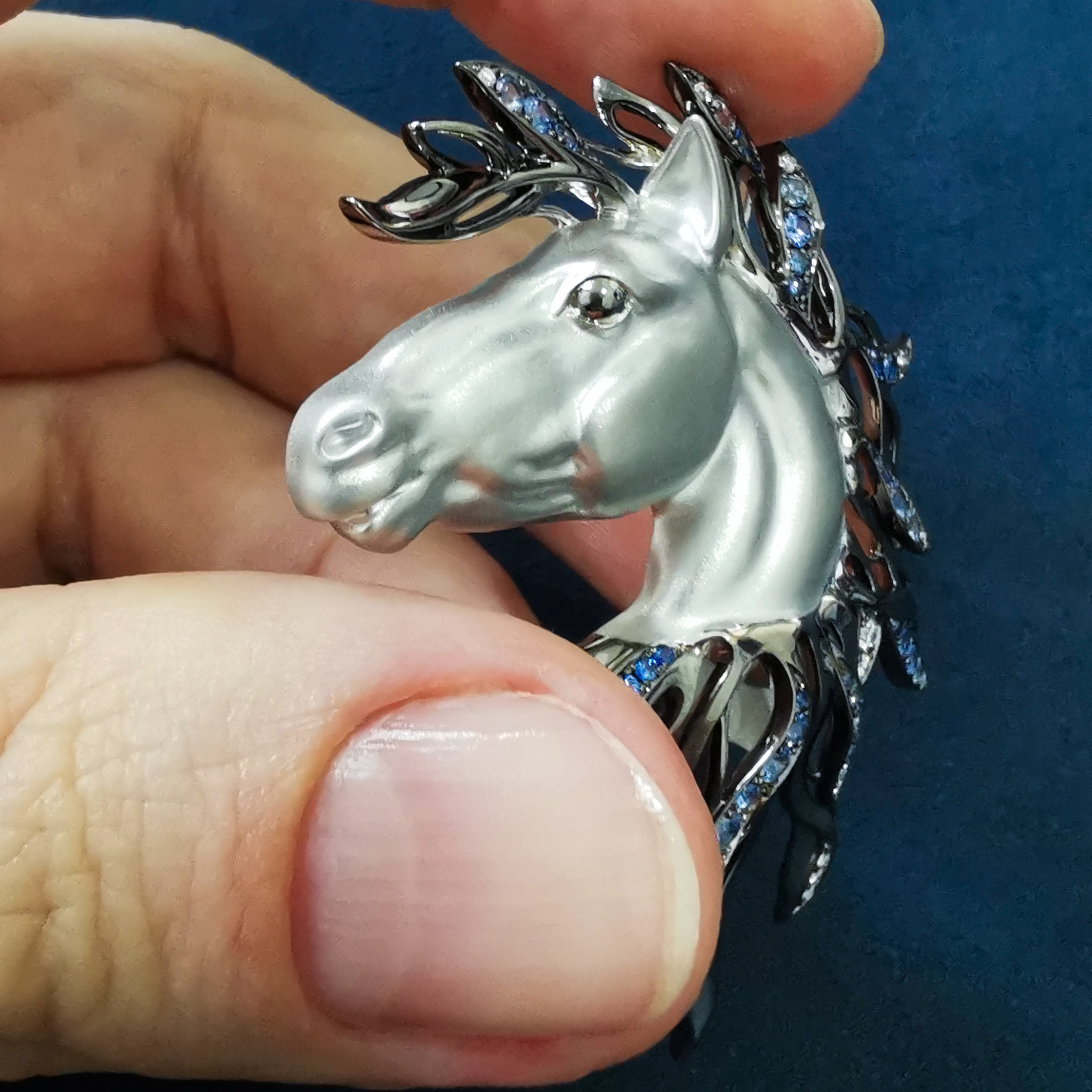 Sapphires Diamonds Horse Head 18K White Black Gold Brooch, Brs 0231-0