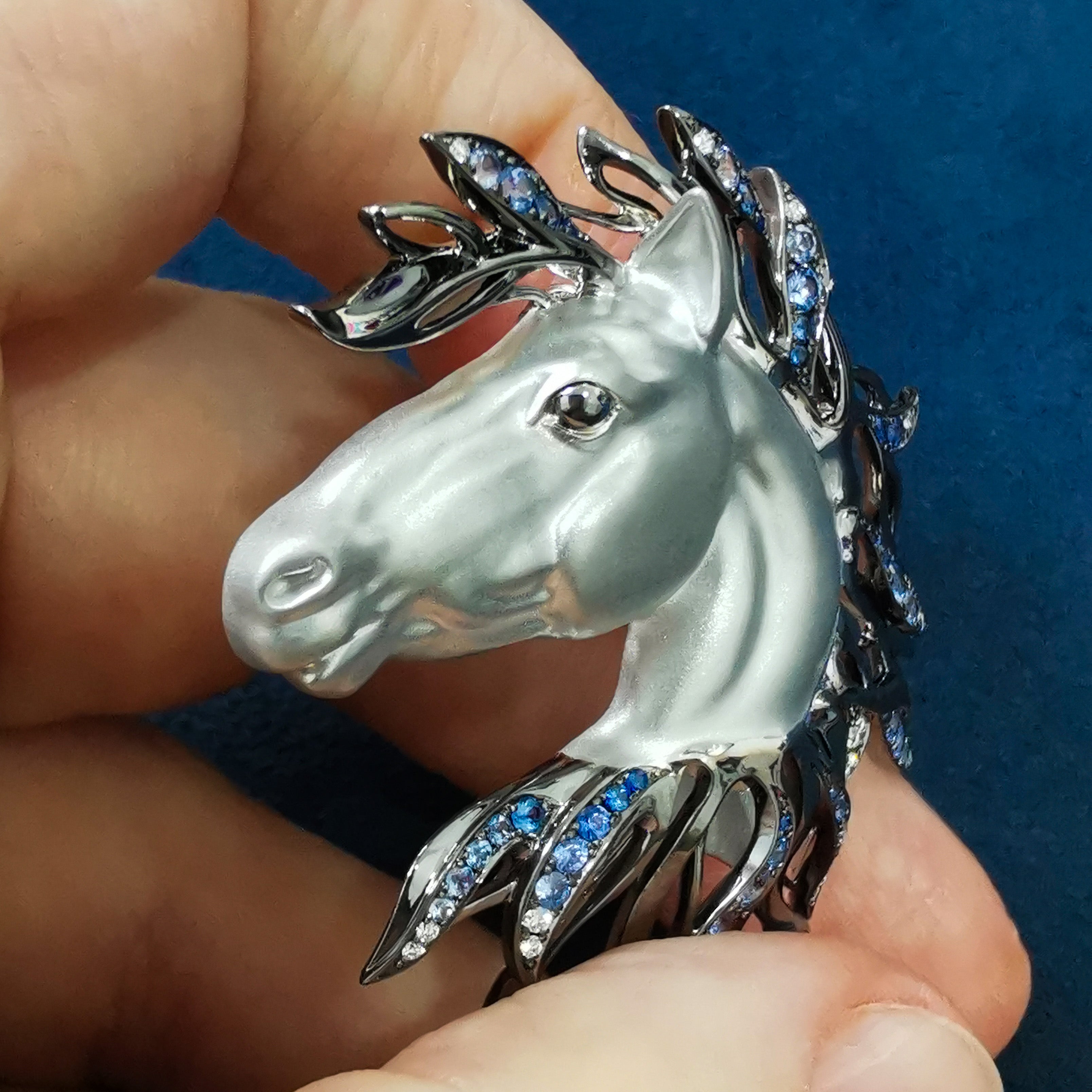 Sapphires Diamonds Horse Head 18K White Black Gold Brooch, Brs 0231-0