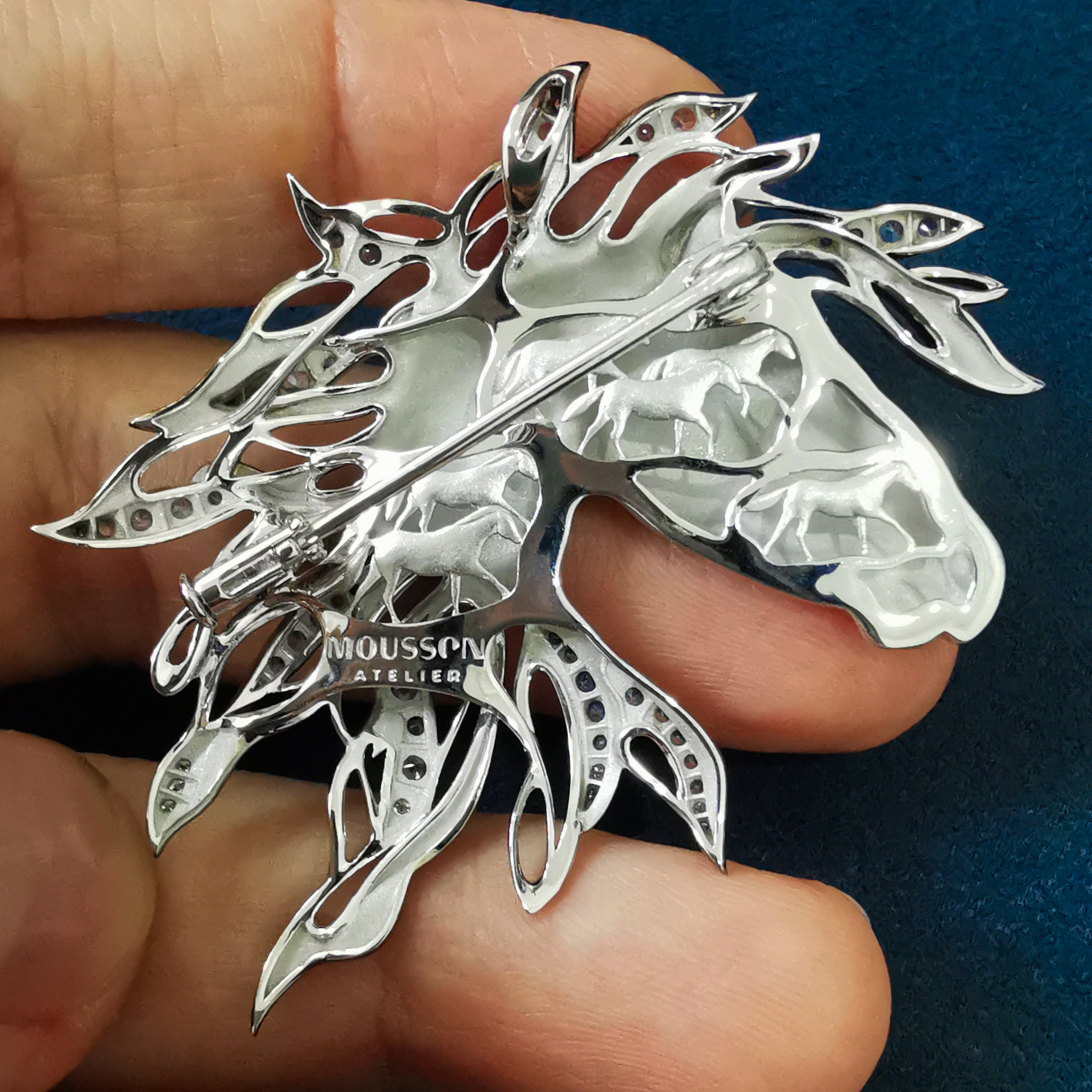 Sapphires Diamonds Horse Head 18K White Black Gold Brooch, Brs 0231-0