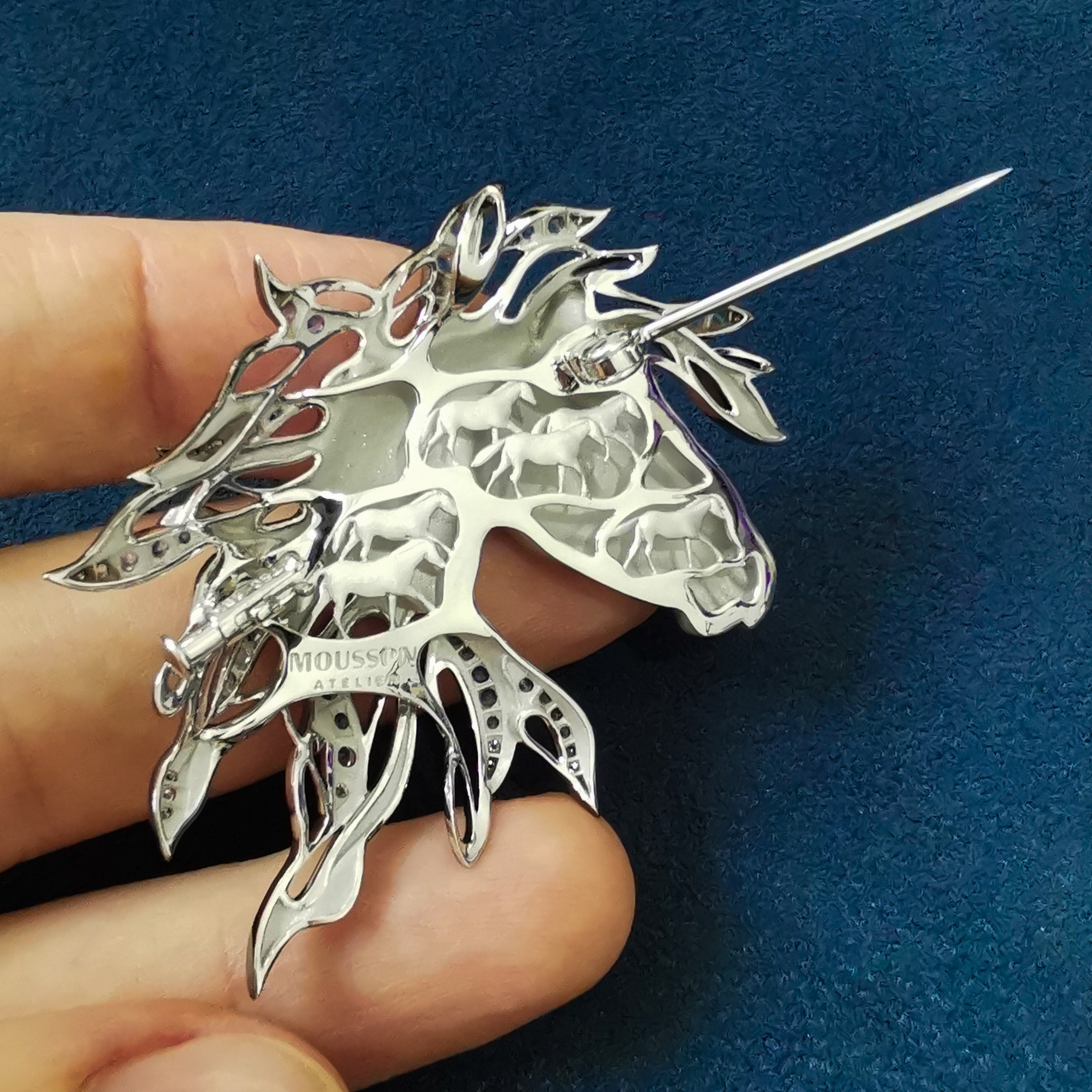 Sapphires Diamonds Horse Head 18K White Black Gold Brooch, Brs 0231-0