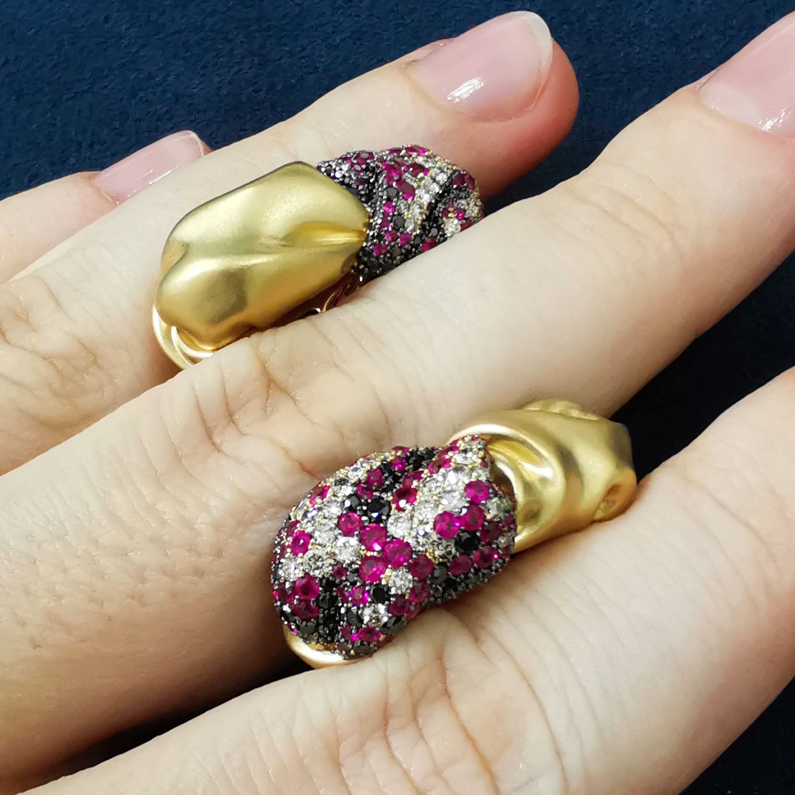 Ruby, Champagne and Black Diamonds 18K Yellow Gold Earrings, E 0132-5