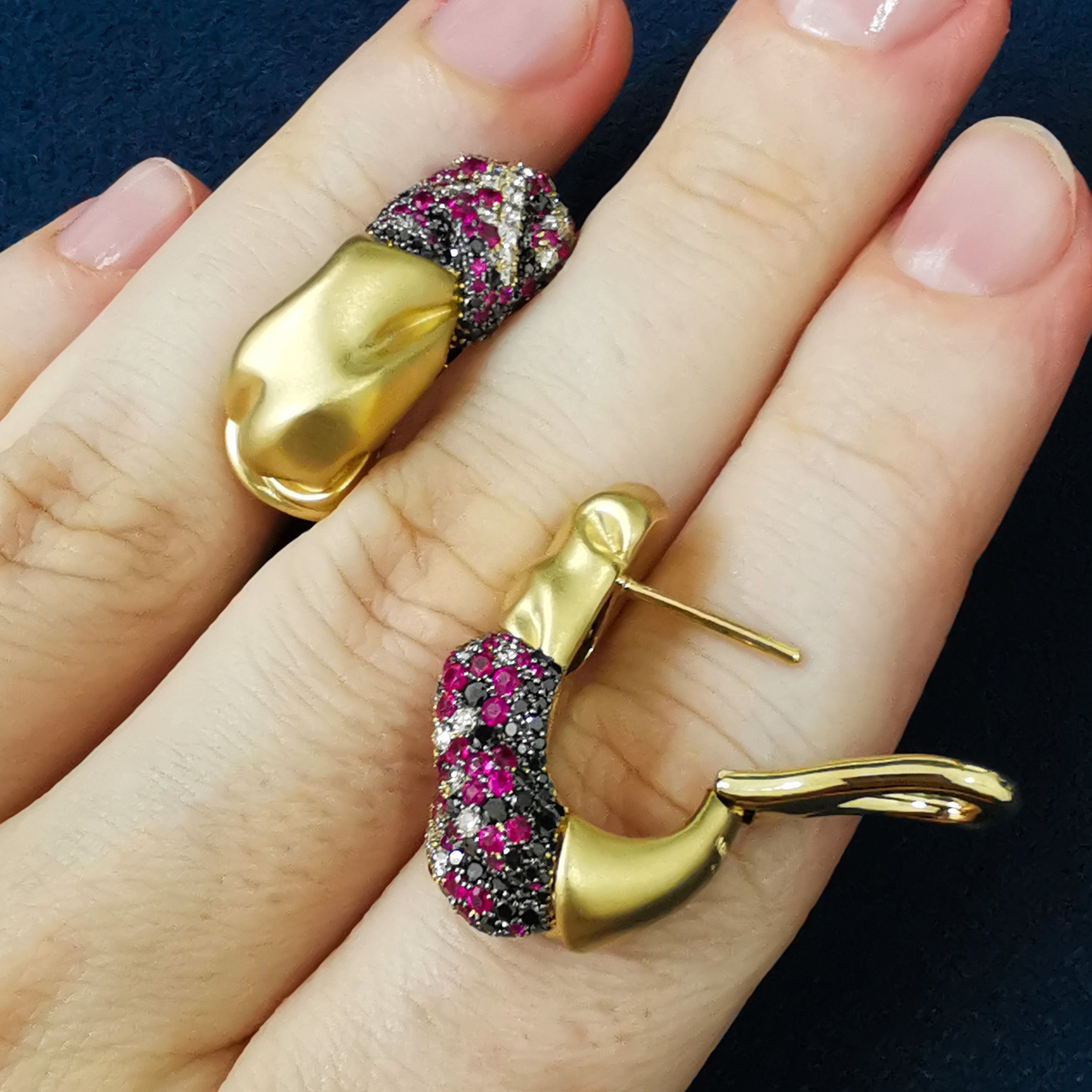 Ruby, Champagne and Black Diamonds 18K Yellow Gold Earrings, E 0132-5