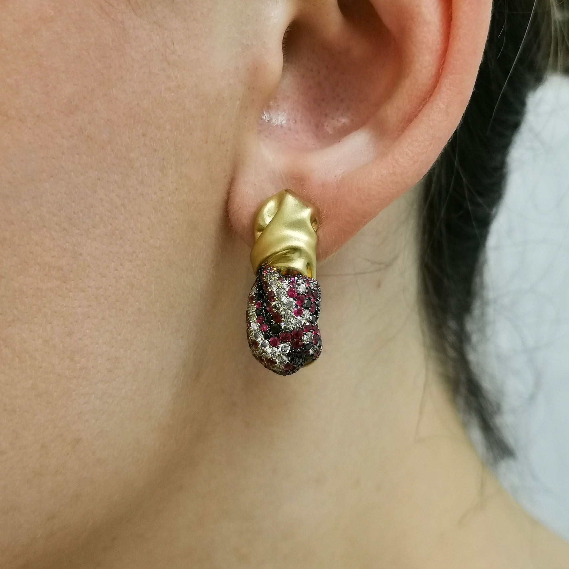 Ruby, Champagne and Black Diamonds 18K Yellow Gold Earrings, E 0132-5