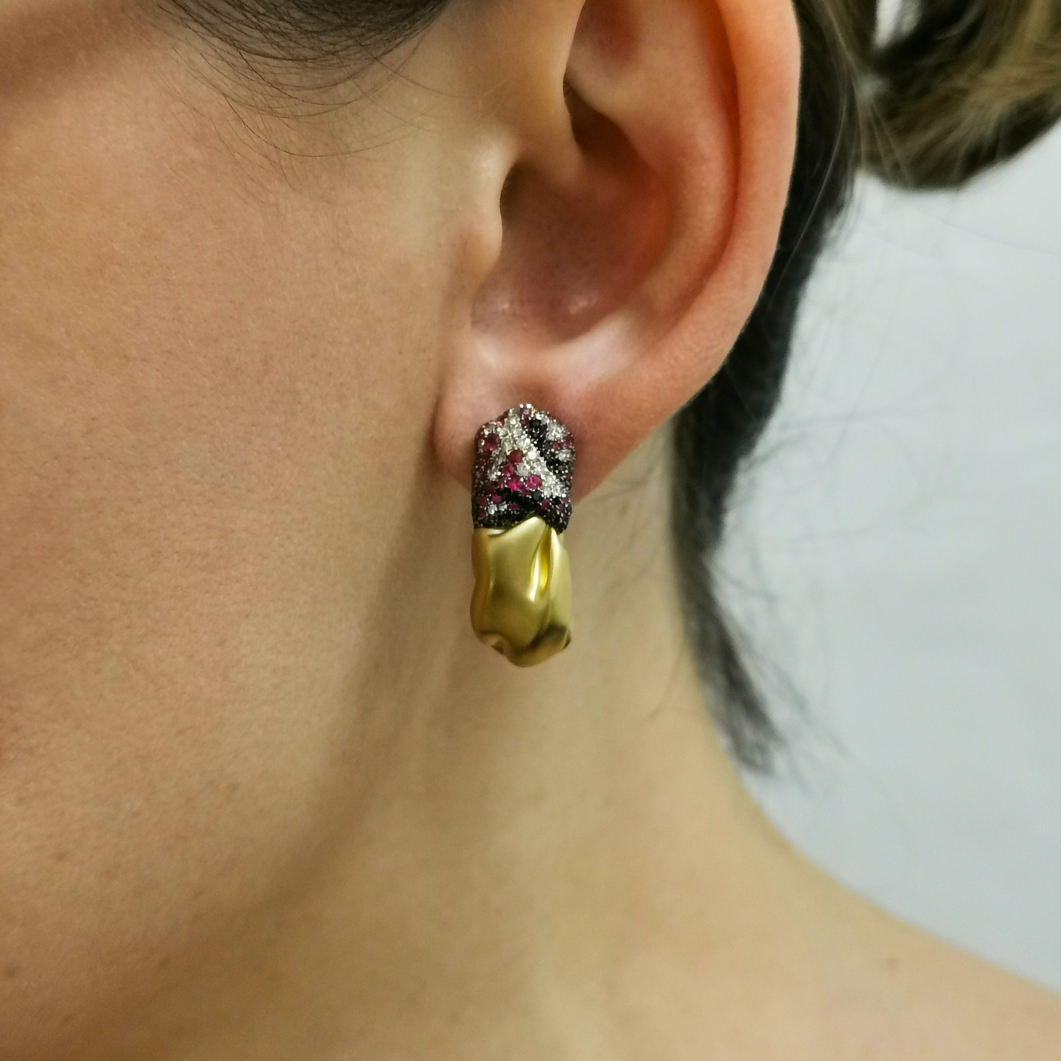 Ruby, Champagne and Black Diamonds 18K Yellow Gold Earrings, E 0132-5