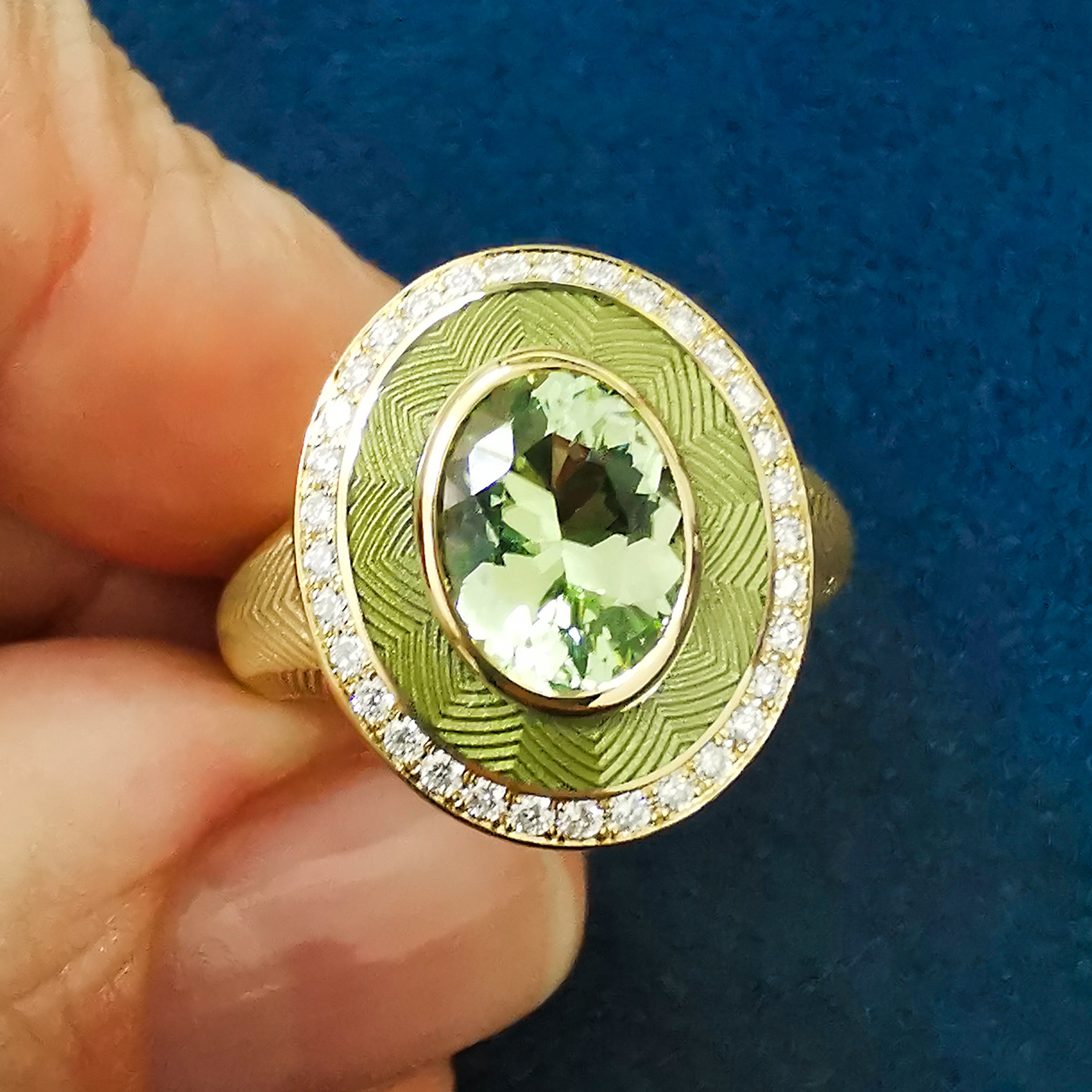 Enamel, Green Tourmaline, Diamonds 18K Yellow Gold Ring, R 0084-2