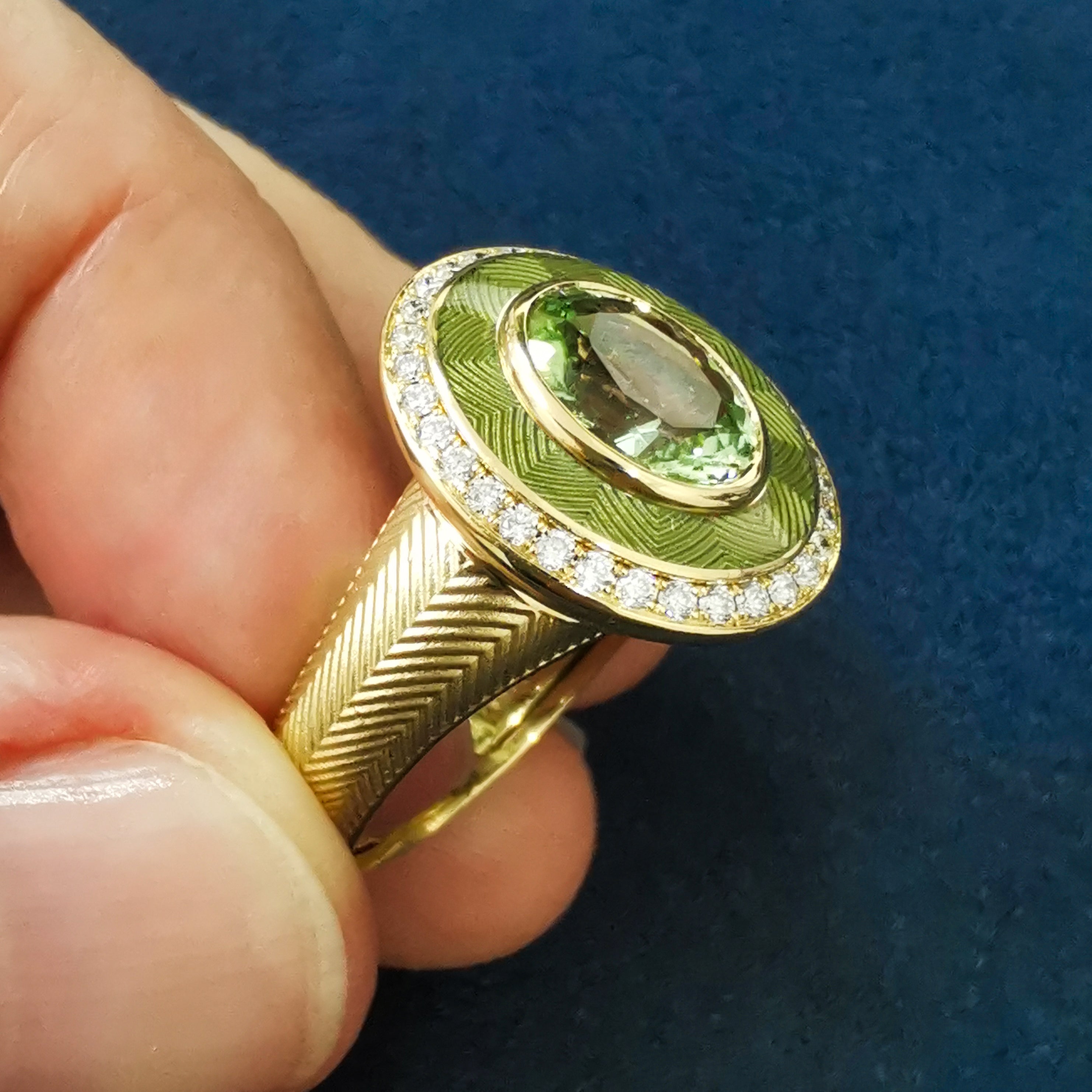 Enamel, Green Tourmaline, Diamonds 18K Yellow Gold Ring, R 0084-2
