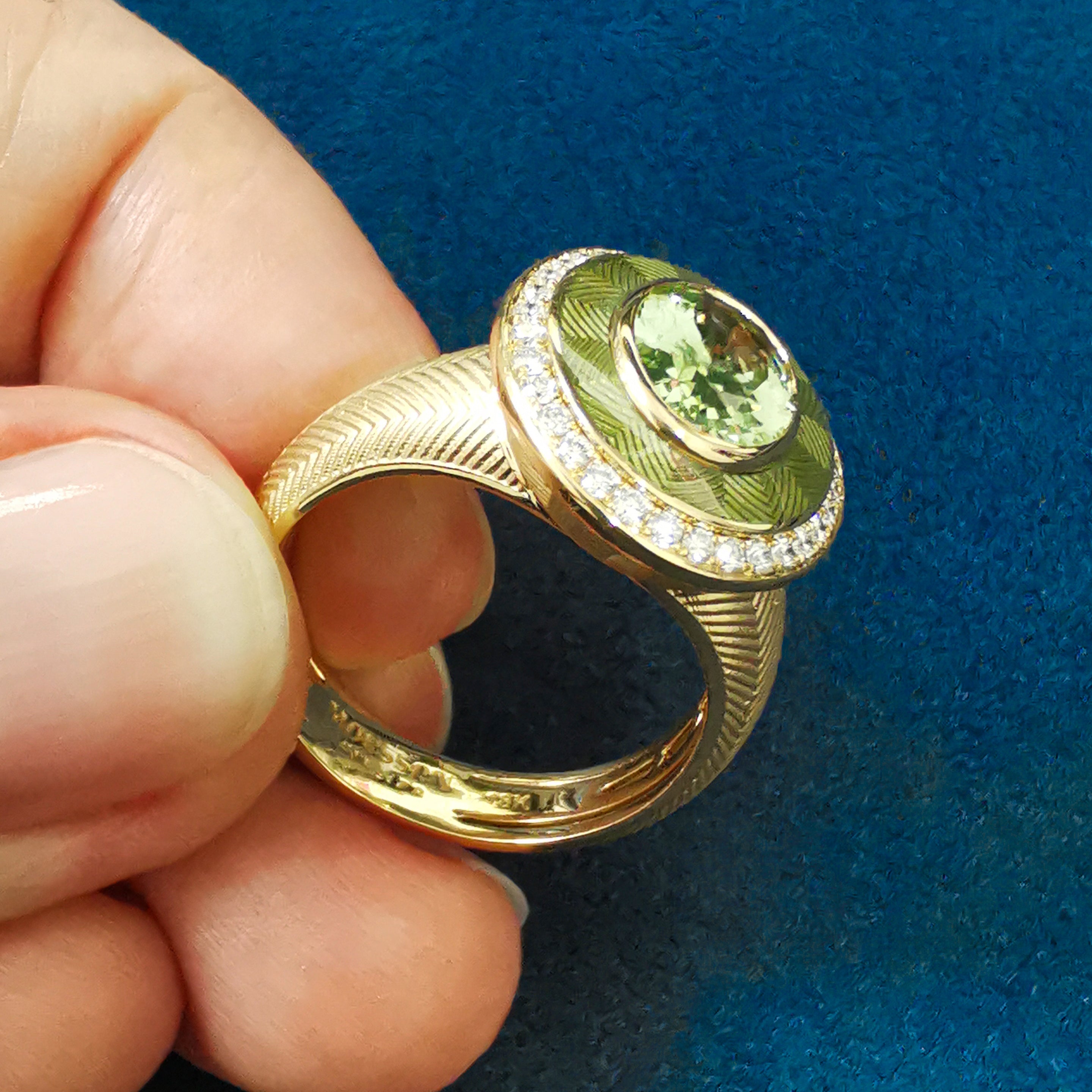 Enamel, Green Tourmaline, Diamonds 18K Yellow Gold Ring, R 0084-2