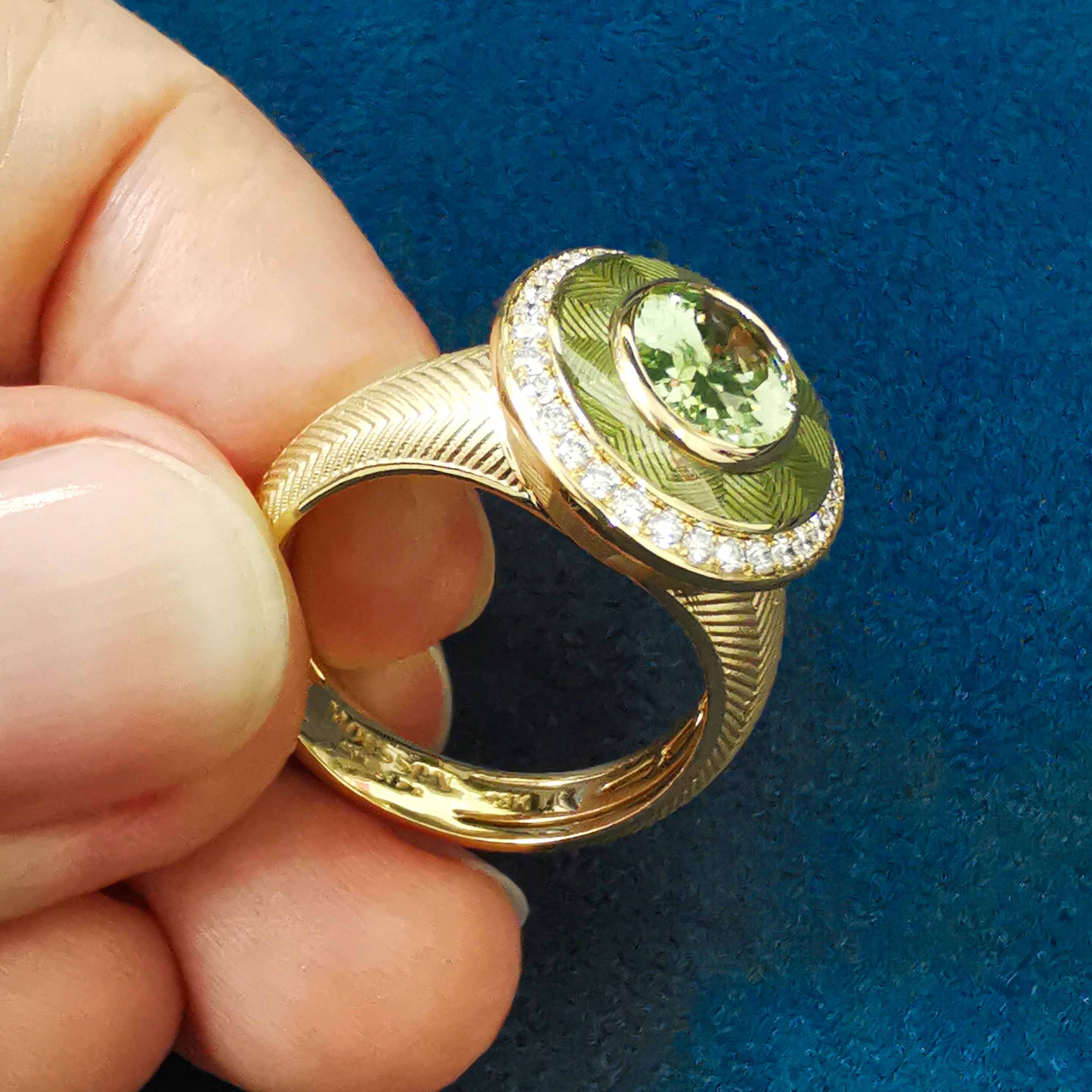 R 0084-2 18K Yellow Gold, Enamel, Green Tourmaline, Diamonds Ring
