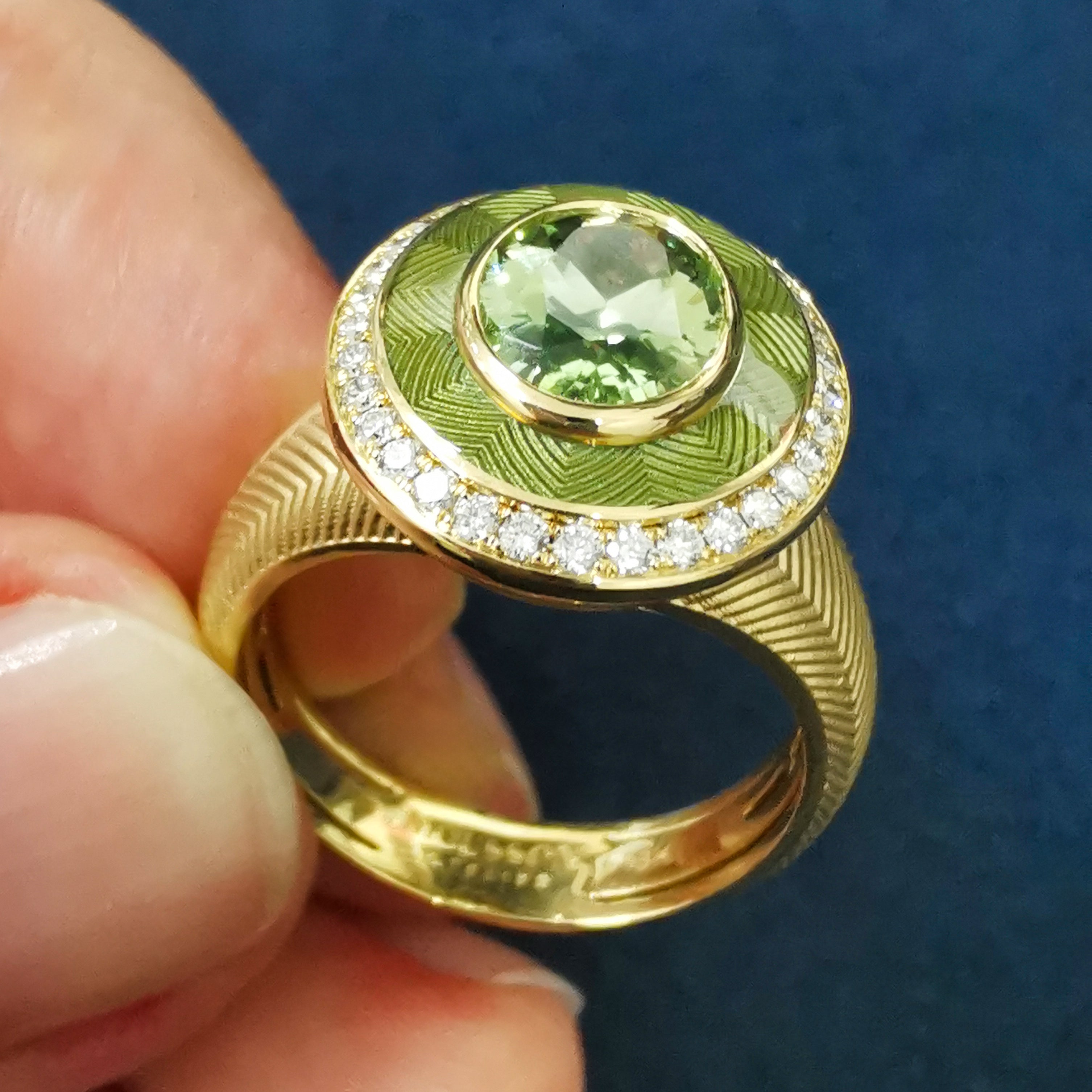 Enamel, Green Tourmaline, Diamonds 18K Yellow Gold Ring, R 0084-2