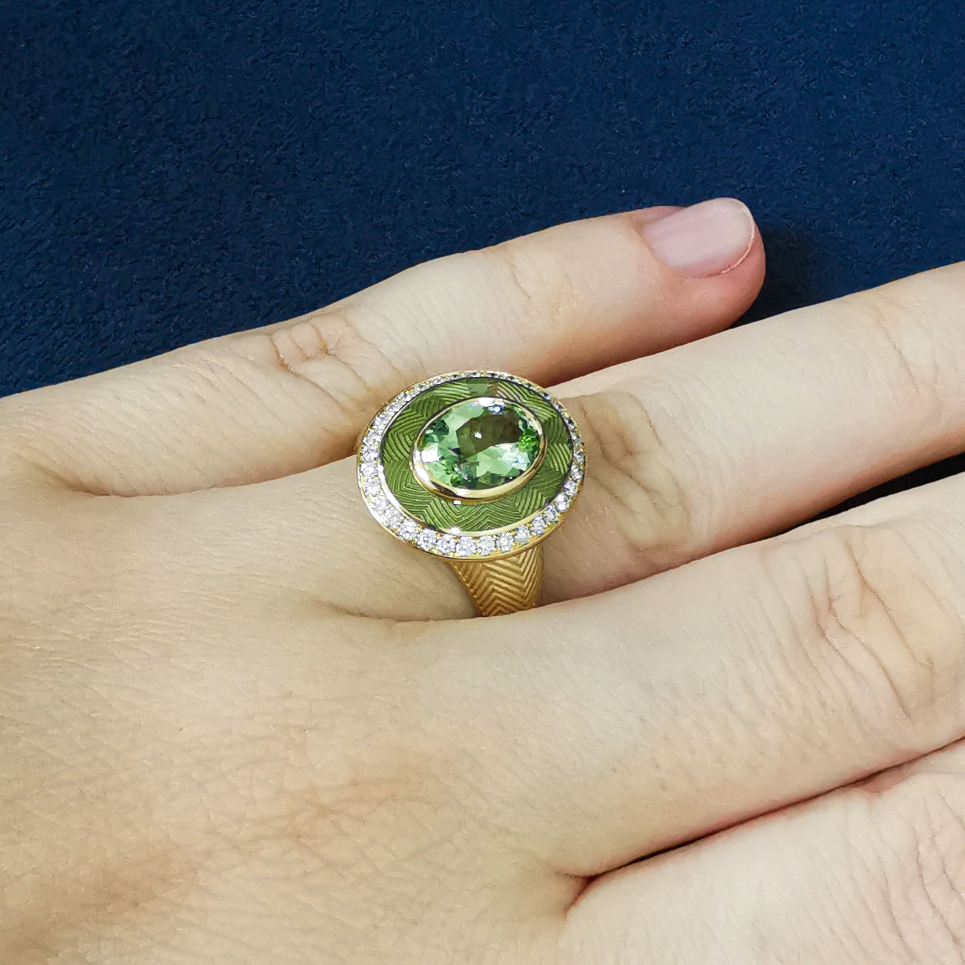Enamel, Green Tourmaline, Diamonds 18K Yellow Gold Ring, R 0084-2