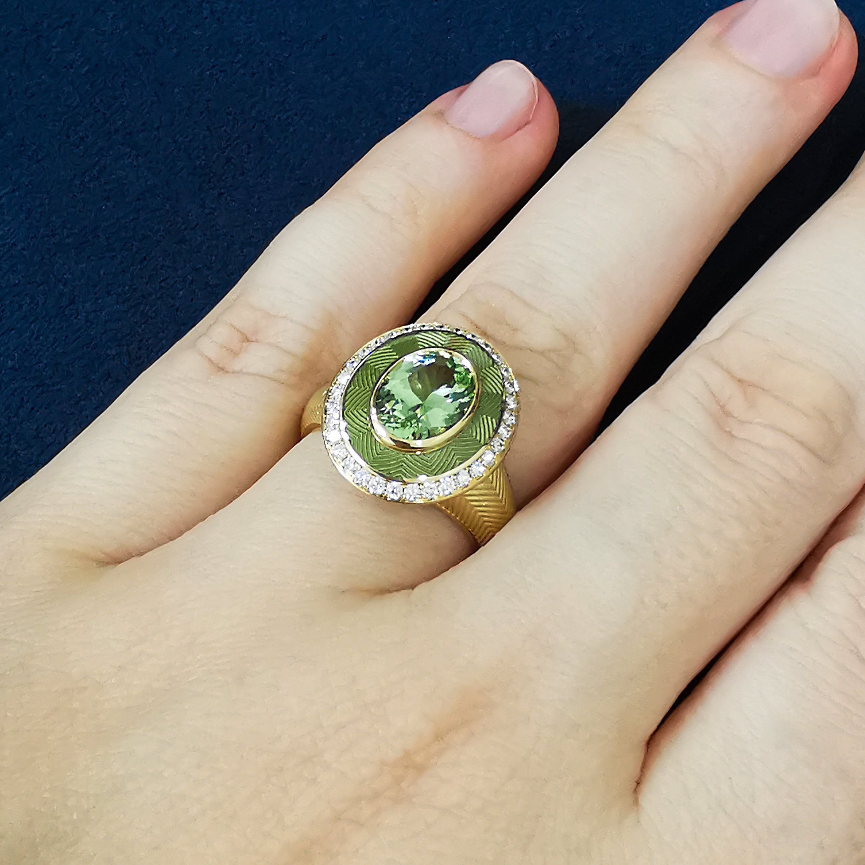 Enamel, Green Tourmaline, Diamonds 18K Yellow Gold Ring, R 0084-2
