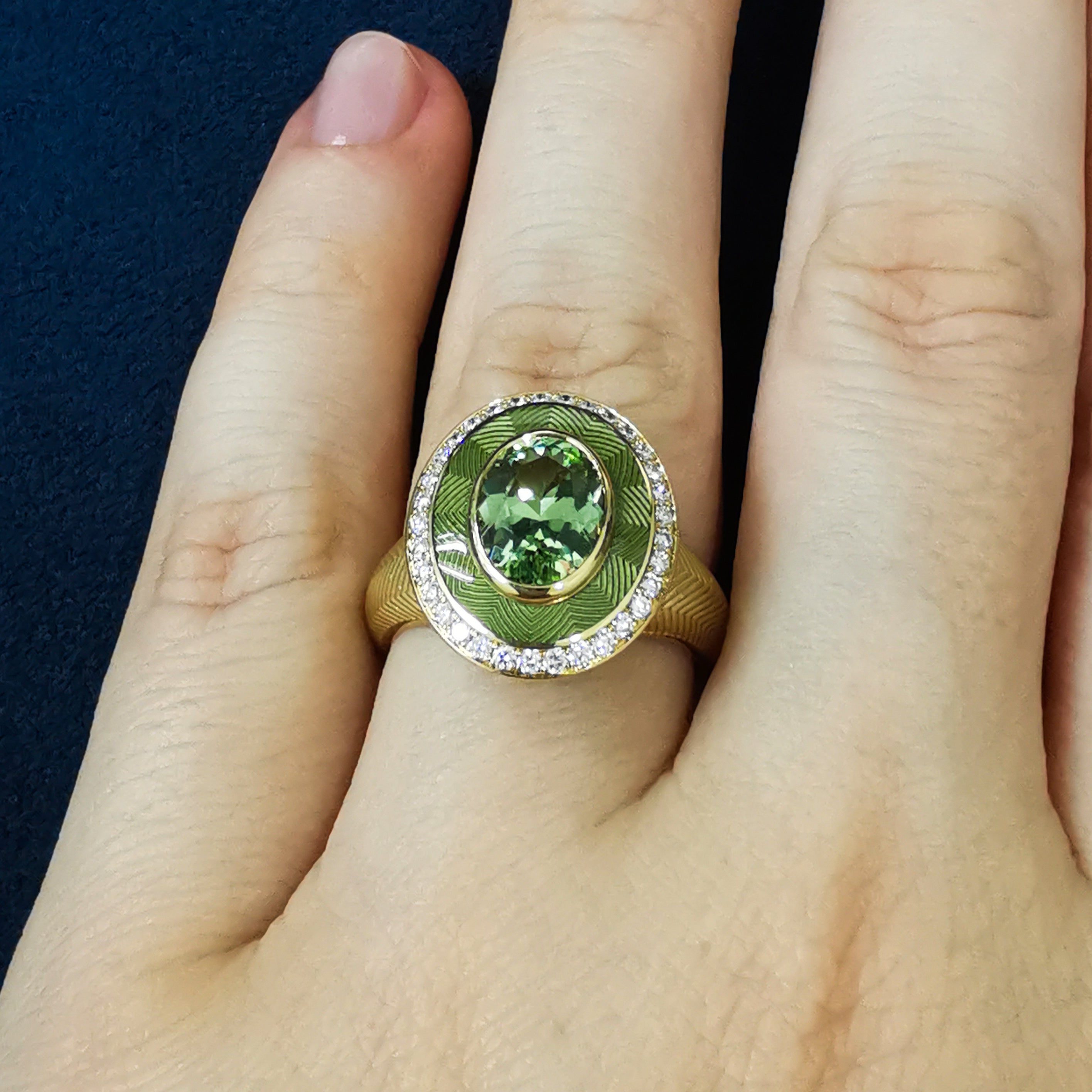 Enamel, Green Tourmaline, Diamonds 18K Yellow Gold Ring, R 0084-2