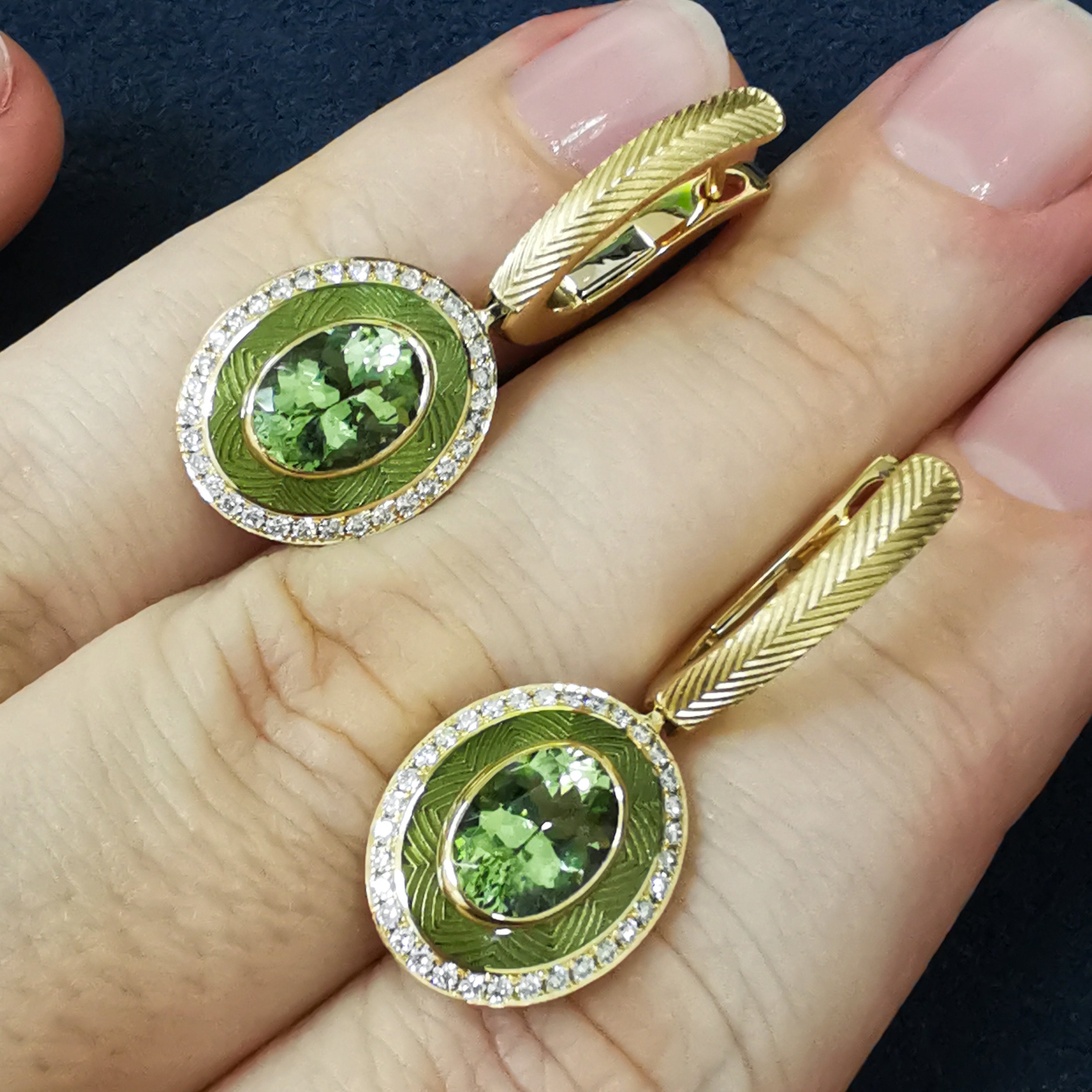 Green Tourmaline, Diamonds, Enamel 18K Yellow Gold Earrings, E 0084-3