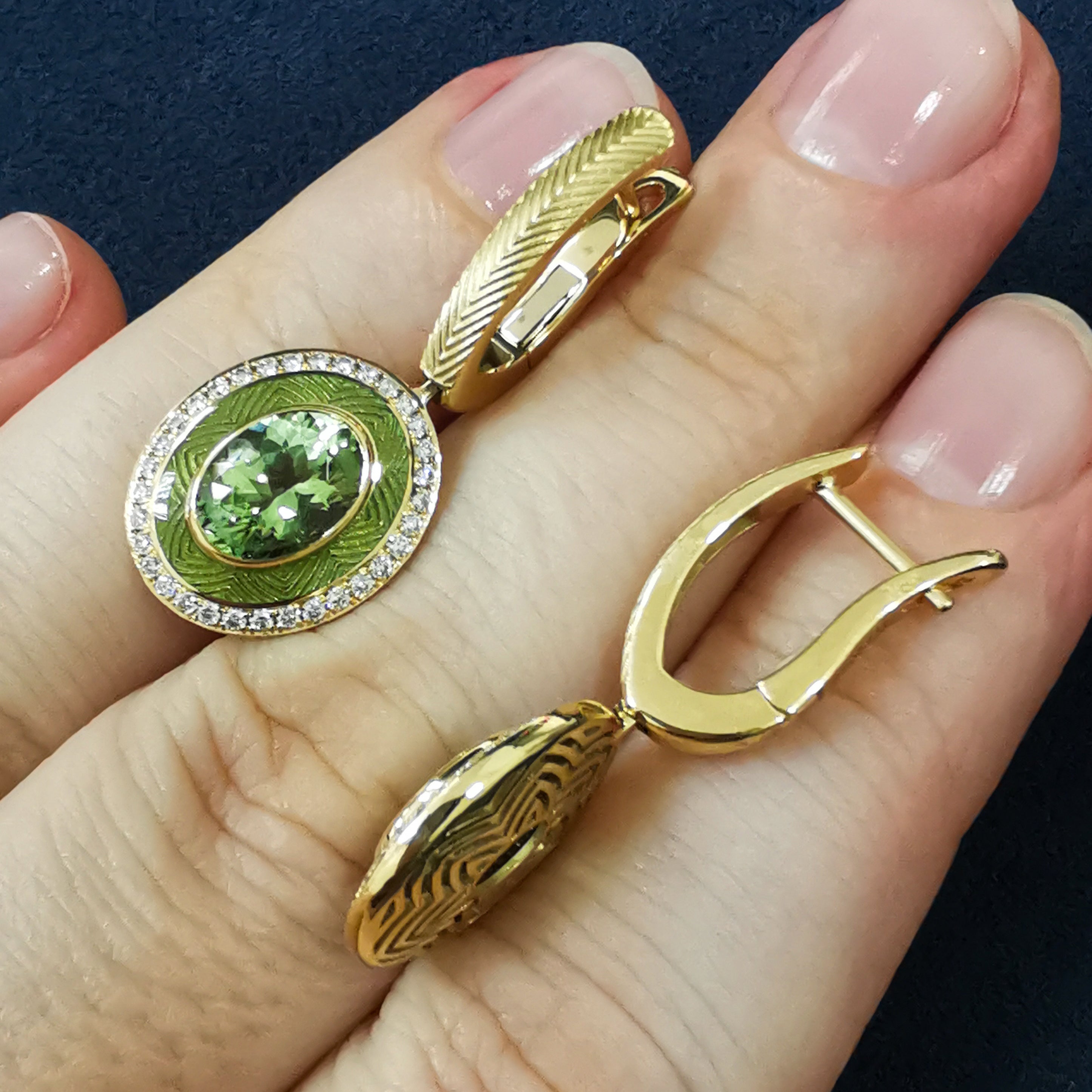 E 0084-3 18K Yellow Gold, Green Tourmaline, Diamonds, Enamel Earrings
