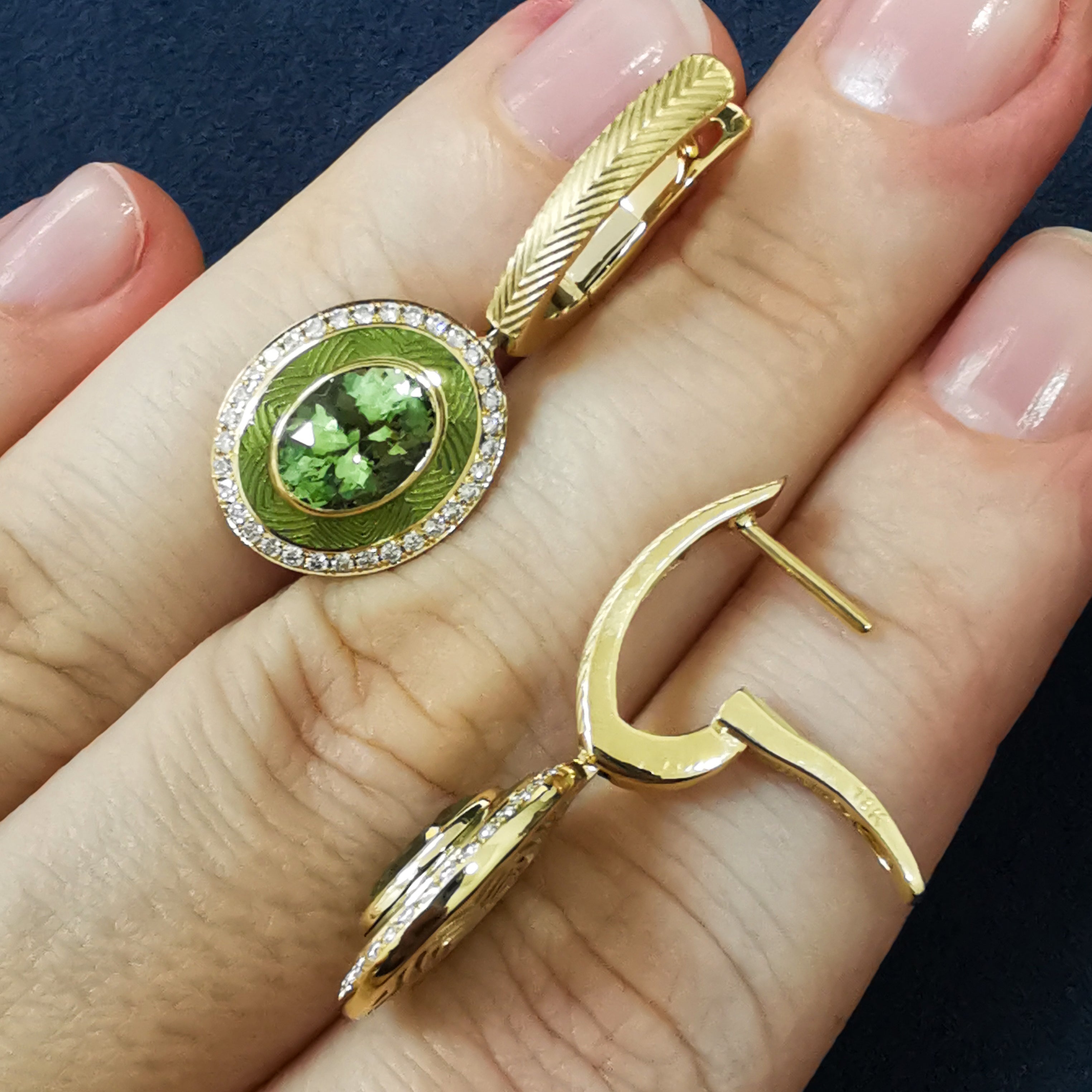 Green Tourmaline, Diamonds, Enamel 18K Yellow Gold Earrings, E 0084-3