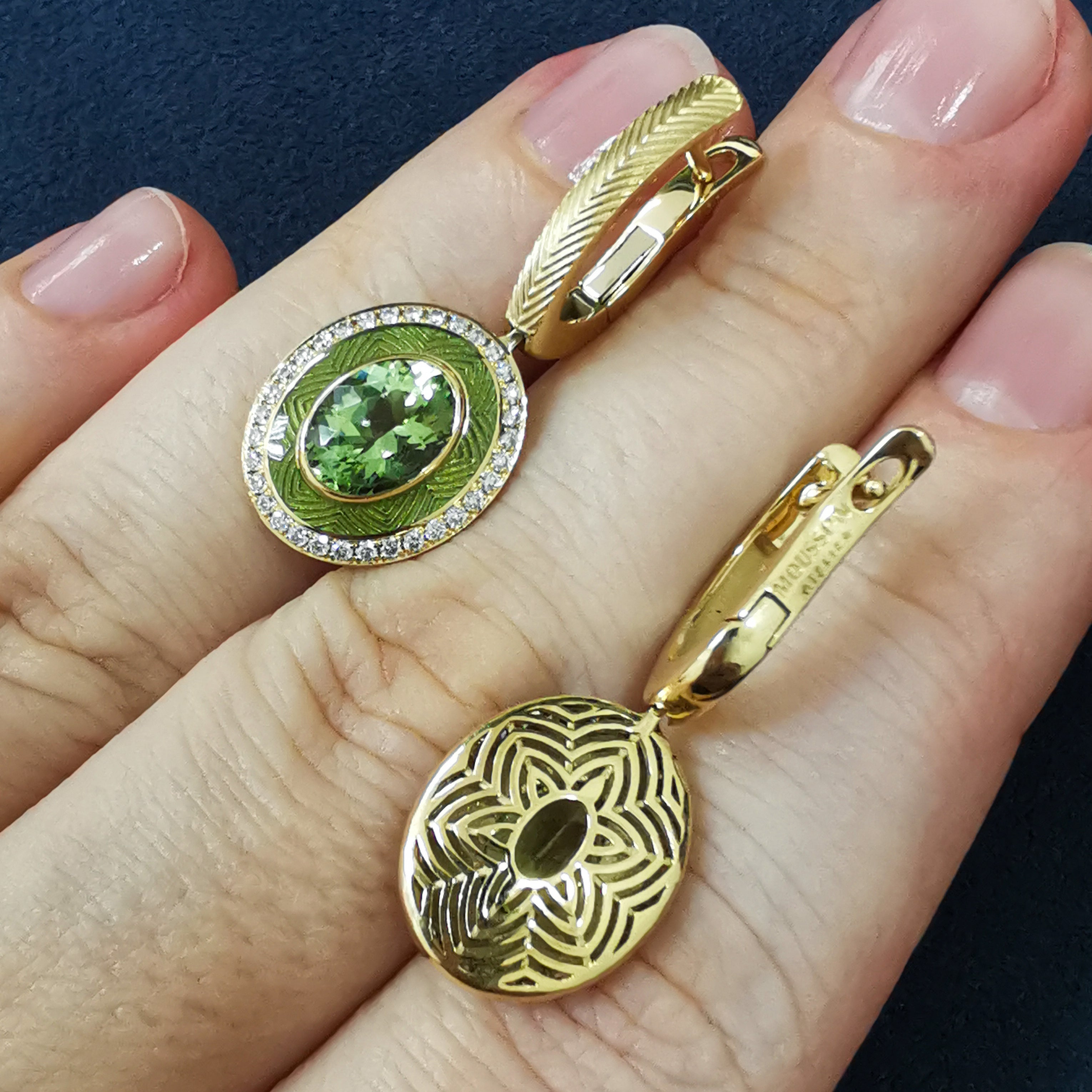 Green Tourmaline, Diamonds, Enamel 18K Yellow Gold Earrings, E 0084-3