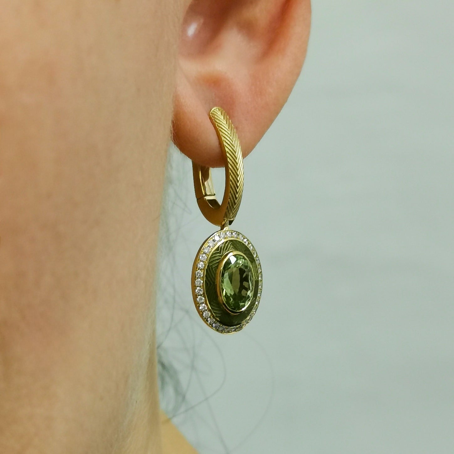 Green Tourmaline, Diamonds, Enamel 18K Yellow Gold Earrings, E 0084-3