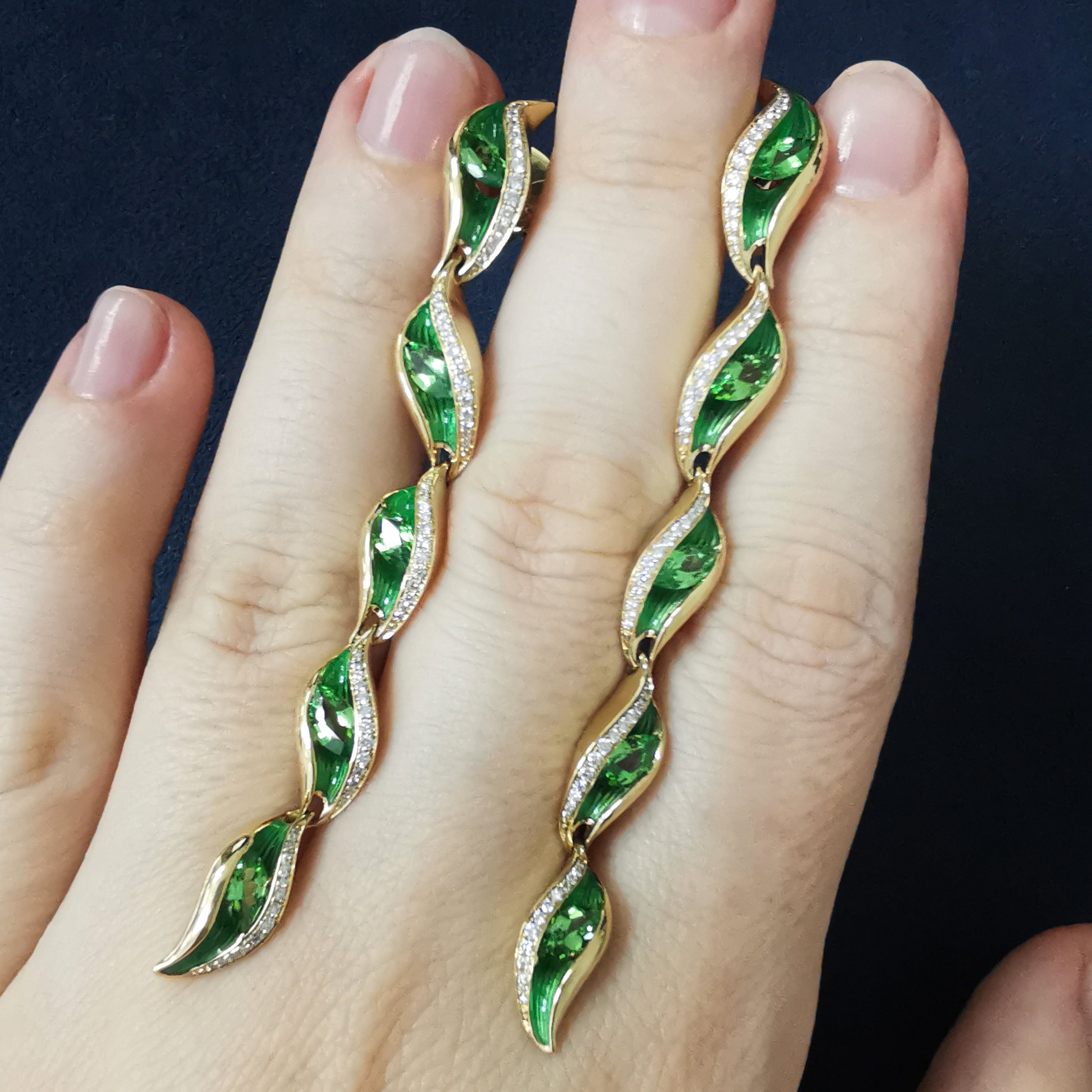 Enamel, Tsavorite Garnet, Diamonds 18K Yellow Gold Earrings, E 0123-81