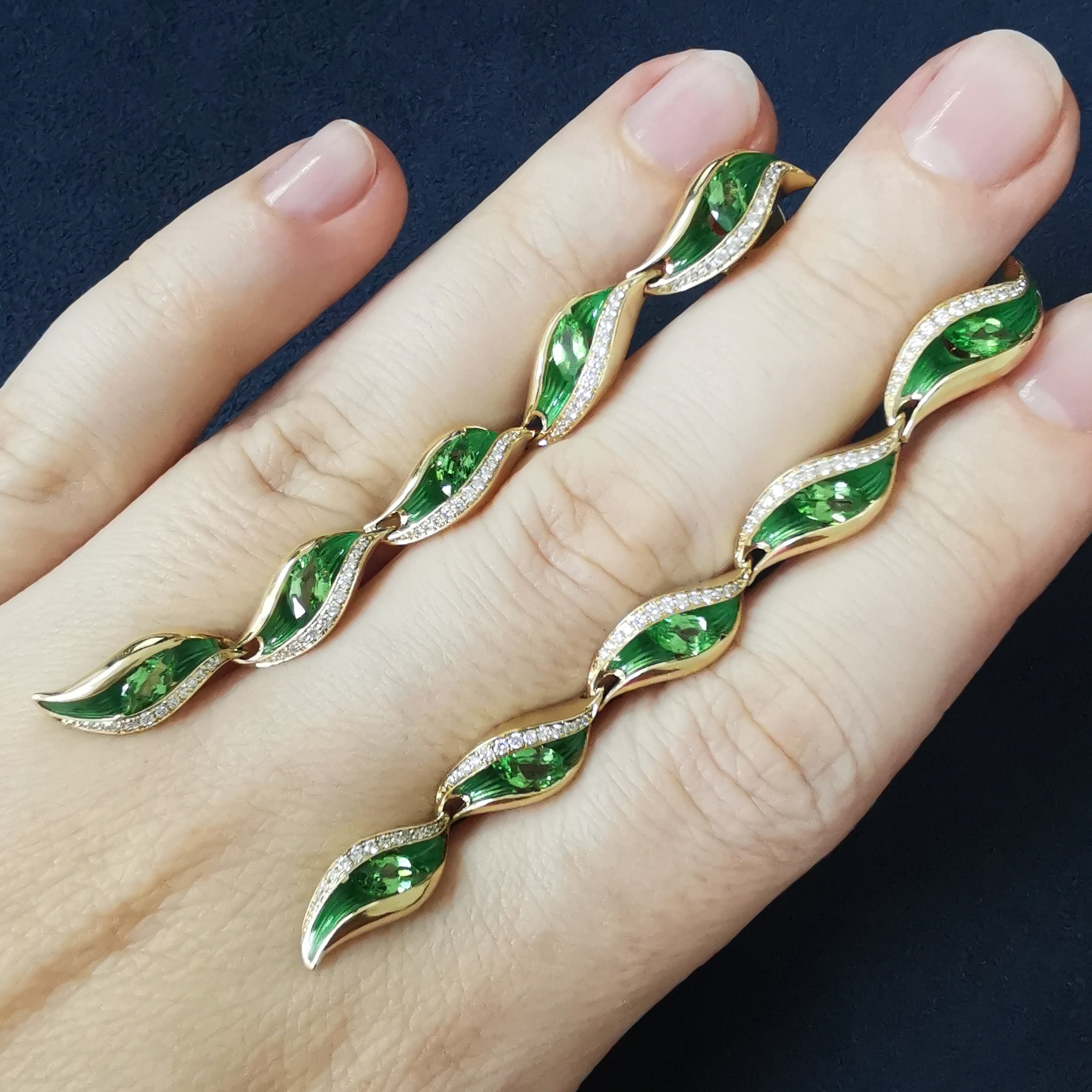 Enamel, Tsavorite Garnet, Diamonds 18K Yellow Gold Earrings, E 0123-81