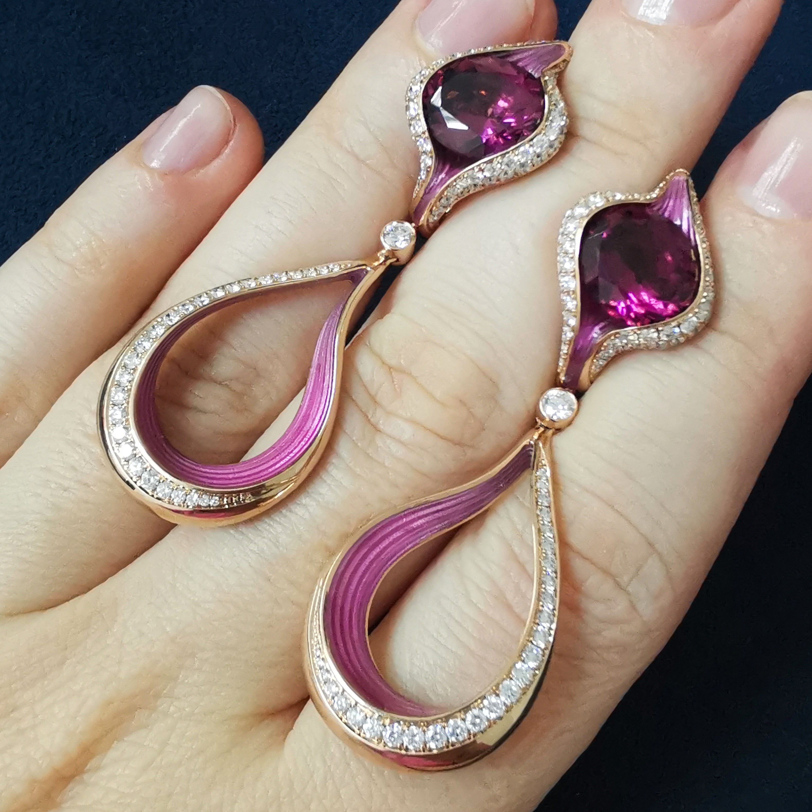 Enamel, Pink Tourmaline, Diamonds 18K Rose Gold Earrings, E 0123-04