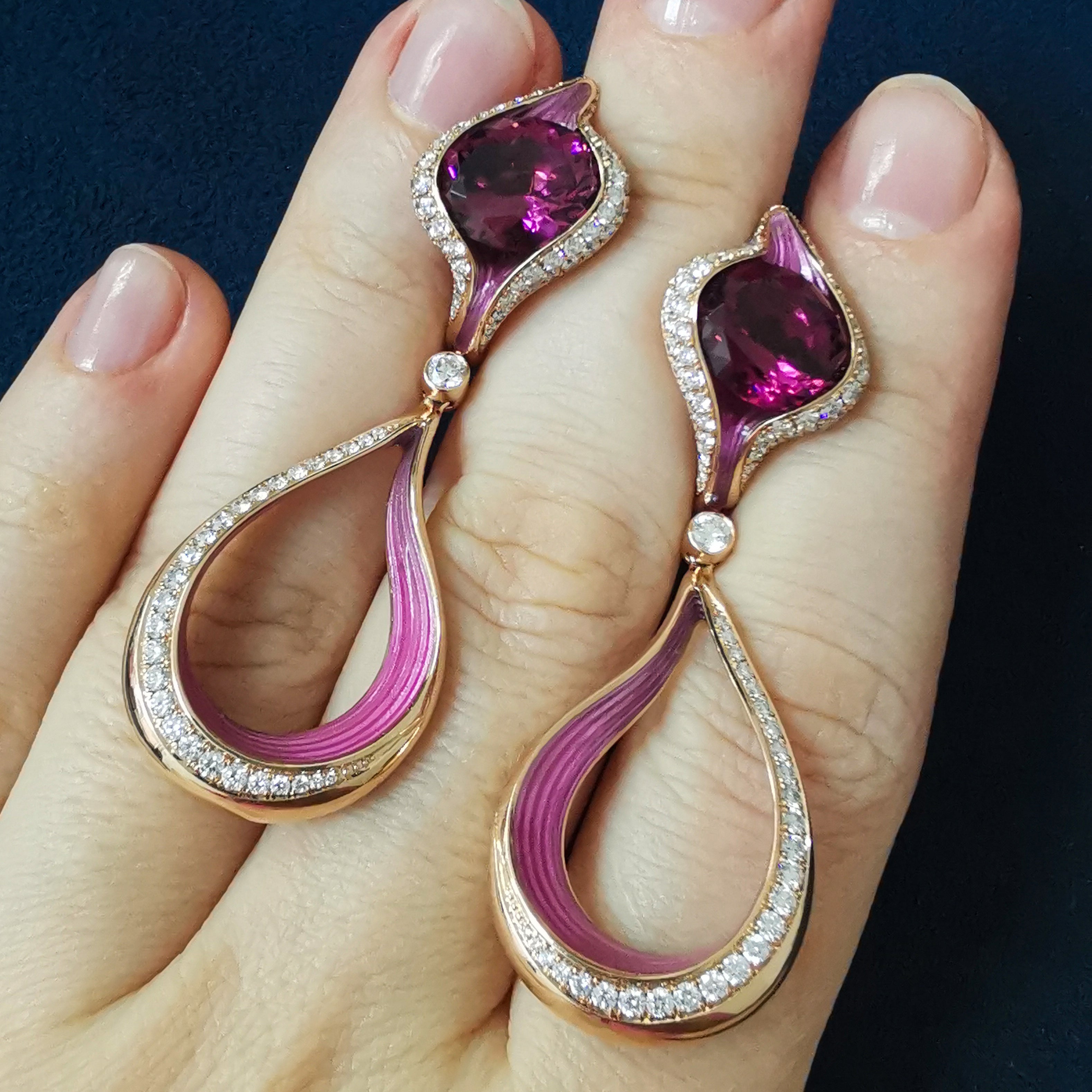Enamel, Pink Tourmaline, Diamonds 18K Rose Gold Earrings, E 0123-04