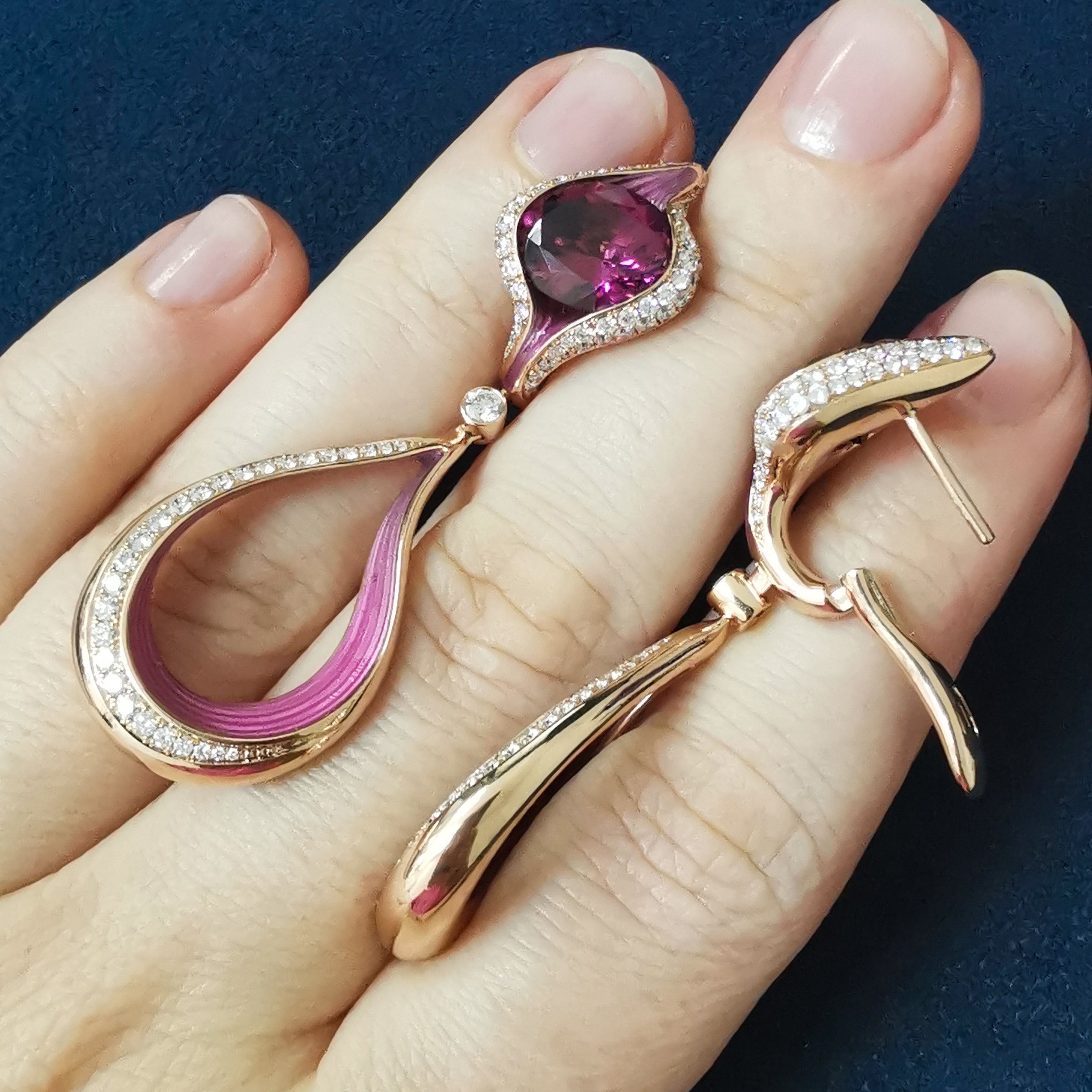 Enamel, Pink Tourmaline, Diamonds 18K Rose Gold Earrings, E 0123-04