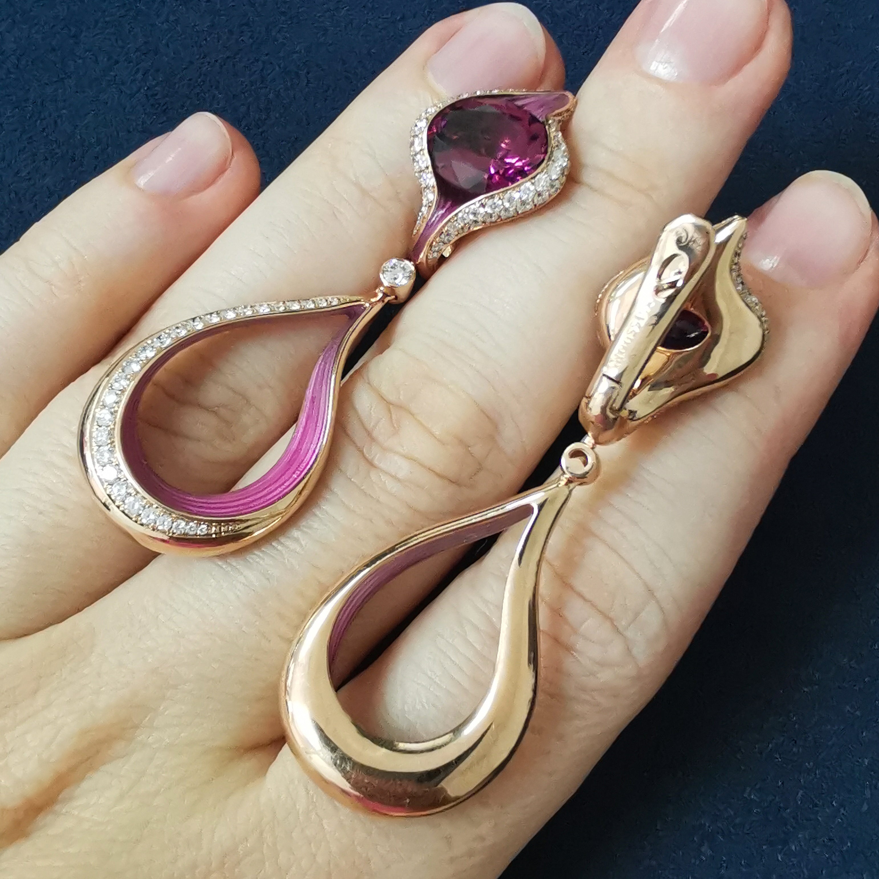 Enamel, Pink Tourmaline, Diamonds 18K Rose Gold Earrings, E 0123-04