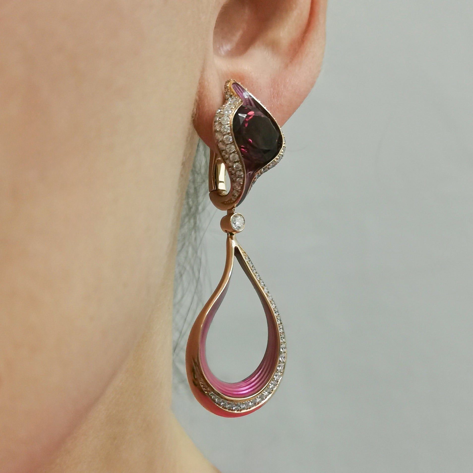 Enamel, Pink Tourmaline, Diamonds 18K Rose Gold Earrings, E 0123-04